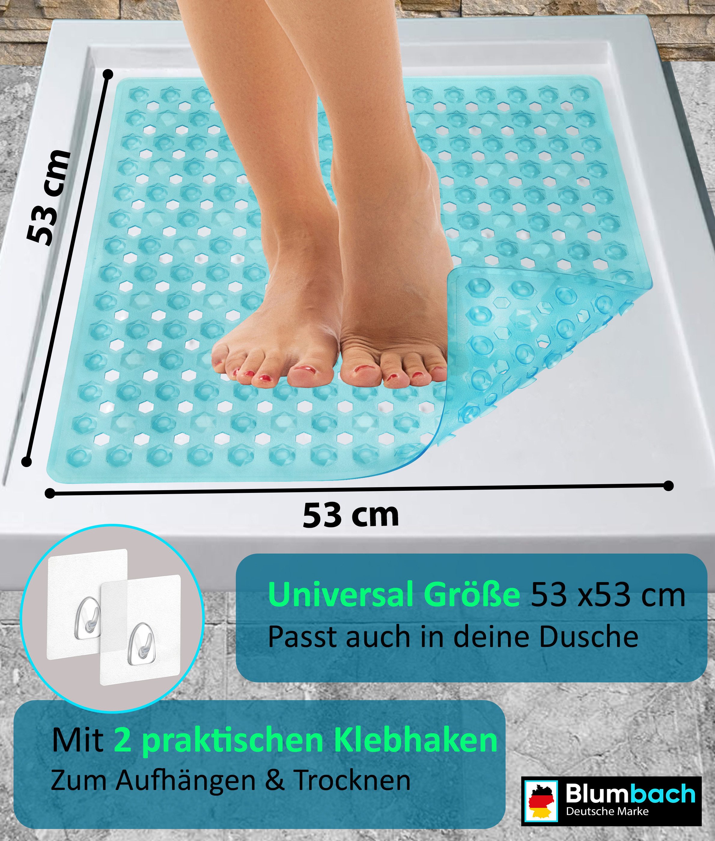 Blumbach Duschmatte - griffige Antirutschmatte Diamant 53 x 53 cm, - 100% BPA-frei, inkl. 2 Haken zum Aufhängen, Duscheinlage, schimmelressisten & maschinenwasc – Bild 3 von 5