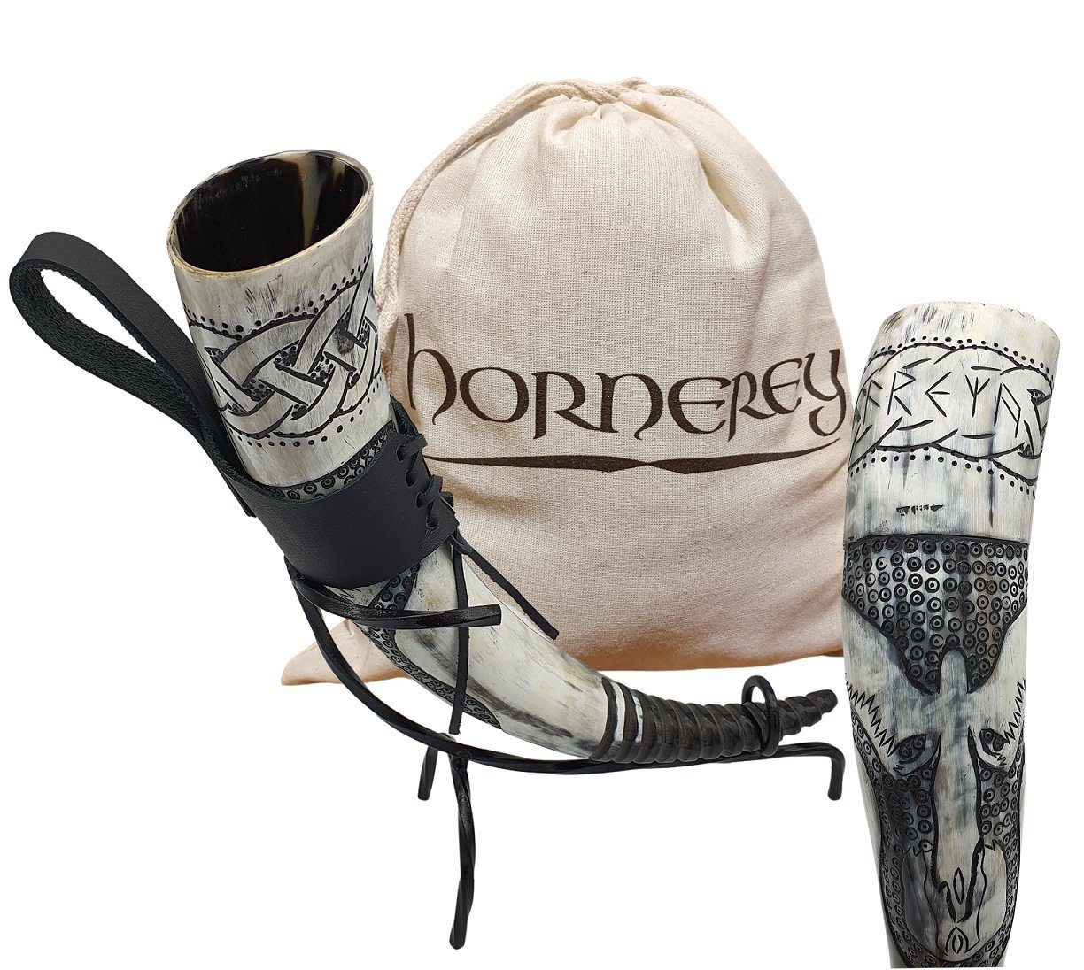 hornerey Bierkrug Trinkhorn "Freya's Horn", 500 ml Wikinger Trinkhorn Set