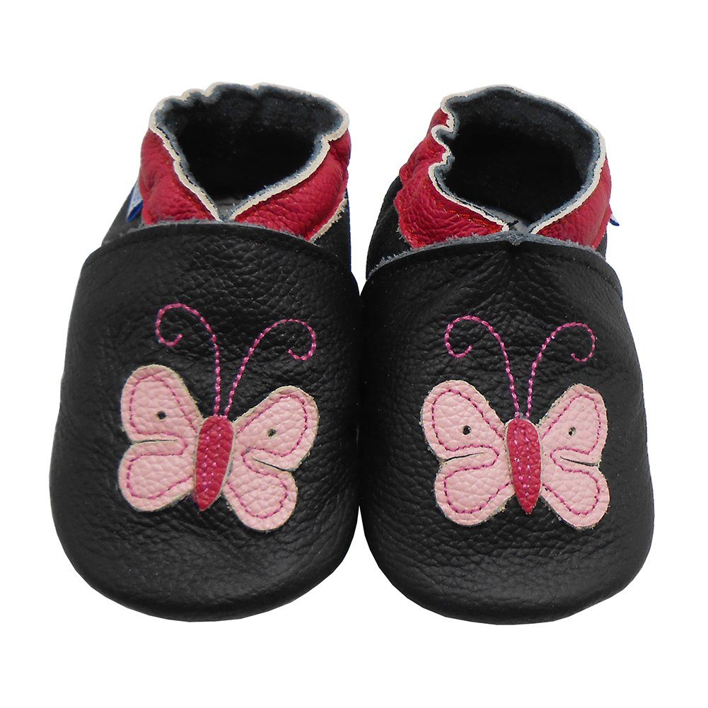 Yalion Weiche Leder Lauflernschuhe Hausschuhe Lederpuschen Schwarz Krabbelschuh
