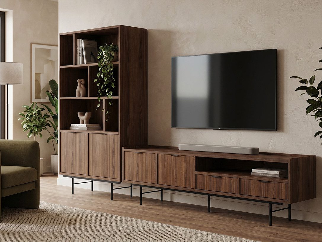 Beautysofa Wohnzimmer-Set Evron 2-teilig Bücherregal 90 cm + TV-Board 200 cm, (Lowboard mit Metallbeinen 20 cm, Schubladen, Türen und offenen Fächern), modernes Wohnzimmermöbel-Set in Warmia Walnuss oder Hikory Natur