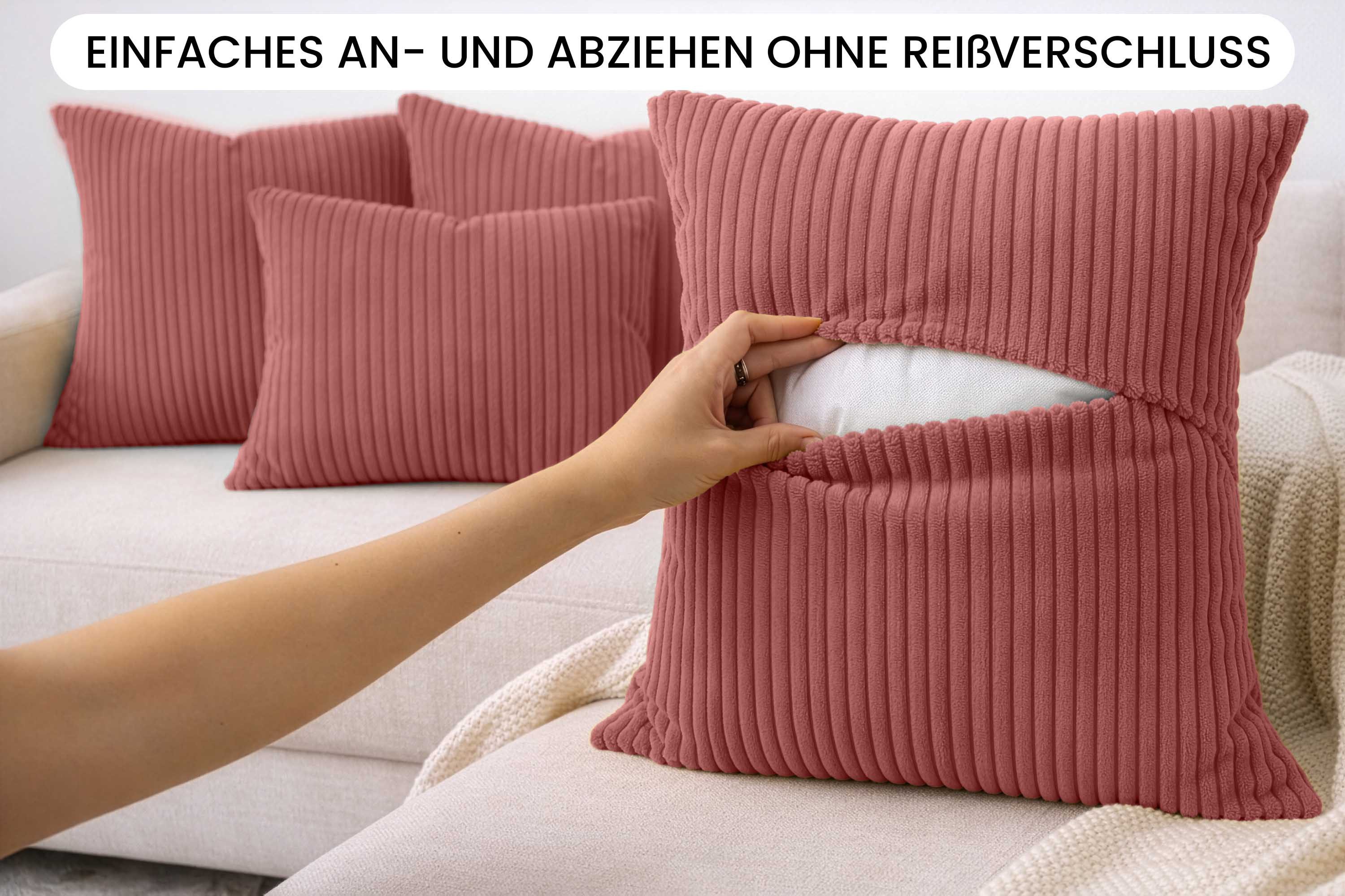 Amilian Dekokissen Sofakissen Cord-Optik 4er Set mit Füllung 2x 40x40 + 2x 35x45 cm, mit Füllung, Hotelverschluss, formstabil – Bild 5 von 5