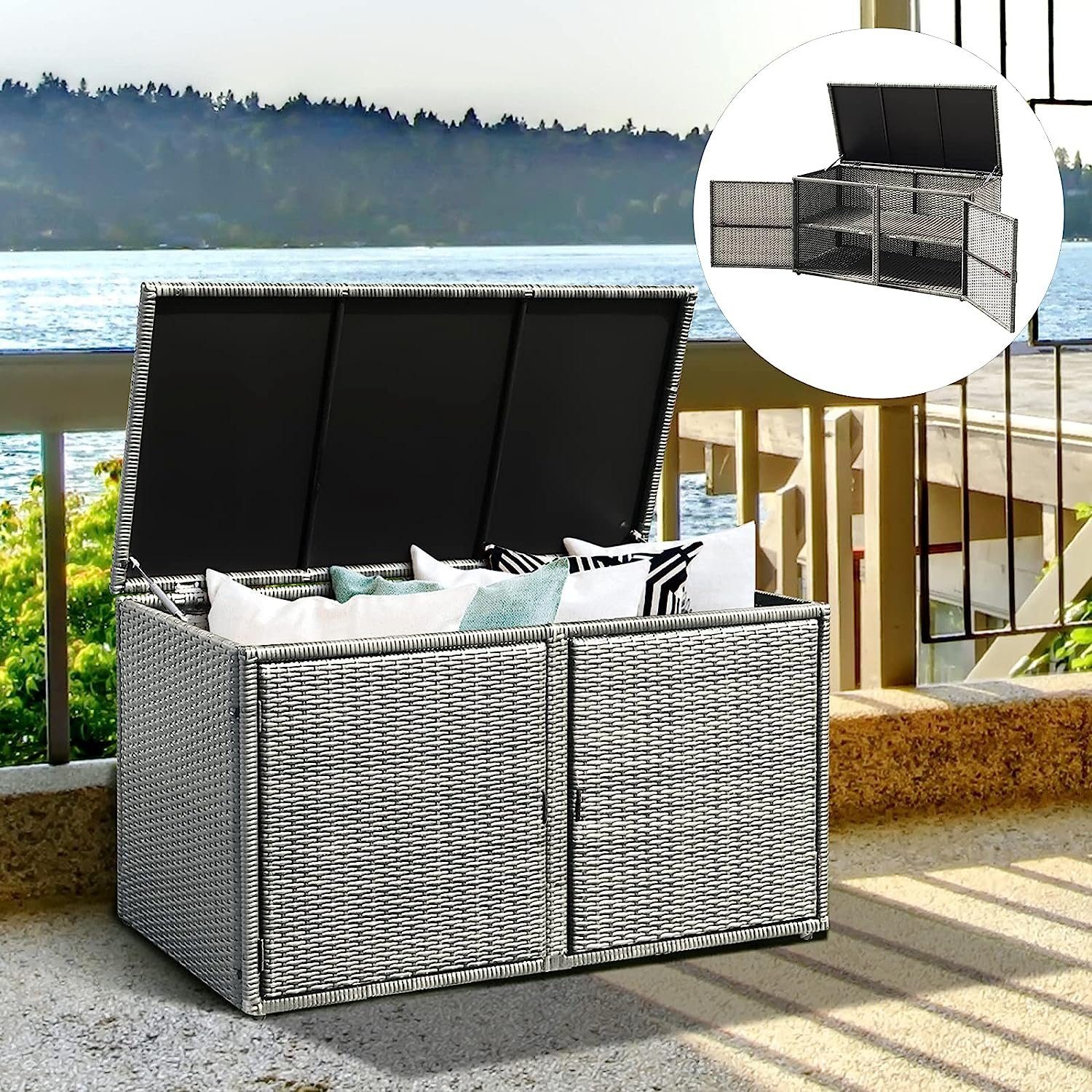 KOMFOTTEU Auflagenbox Kissenbox, 335L Polyrattan Aufbewahrungsbox