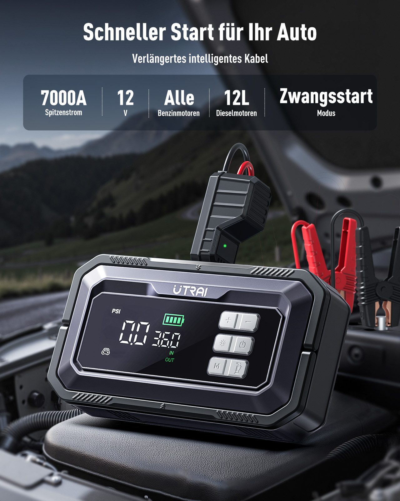 UTRAI 26800mAh 7000A Starthilfe Powerbank, 18W Schnellladung Starthilfegerät 26800 mAh, 2000 Lumen LED, Jump Starter Powerbank mit DC 160W-Ausgang