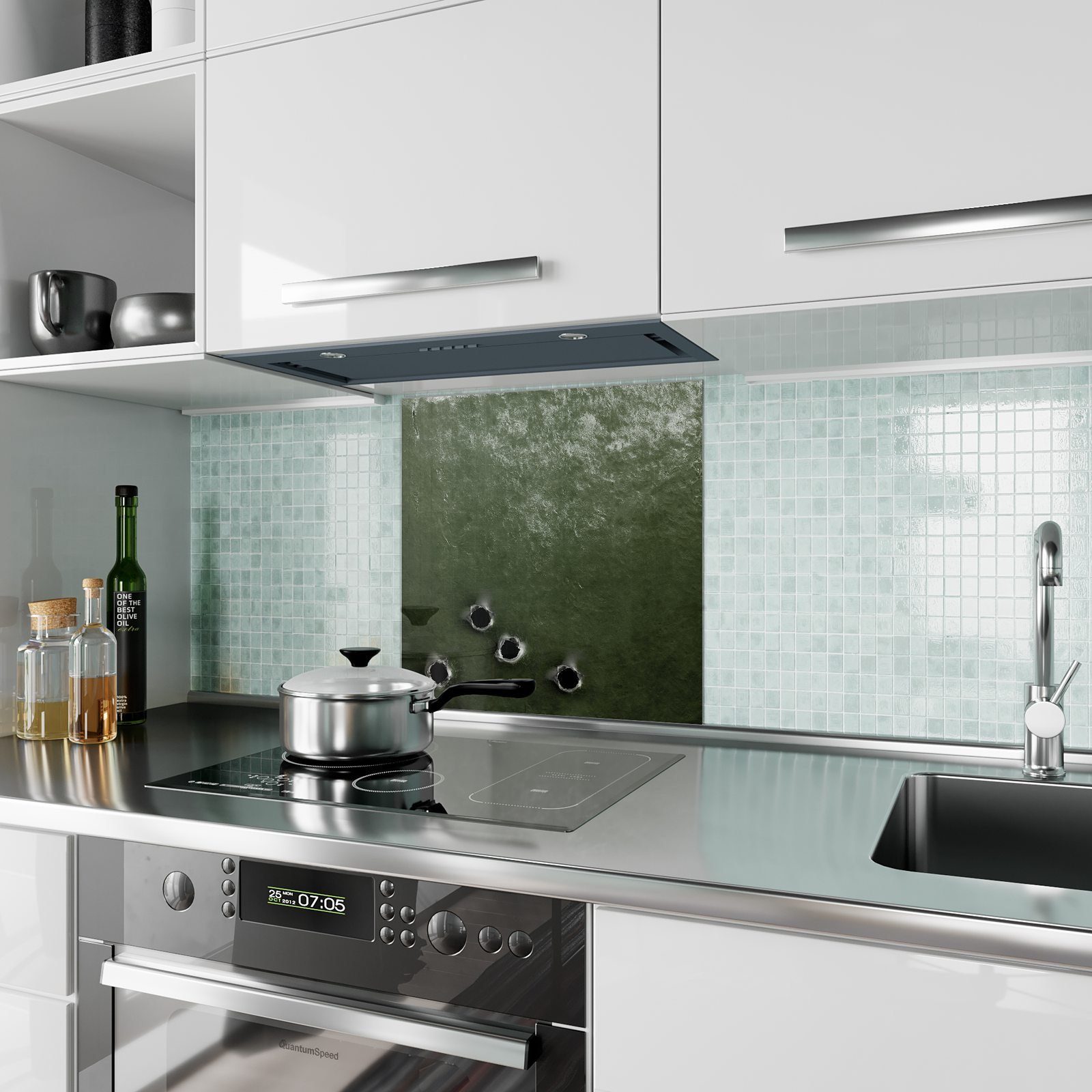 Primedeco Küchenrückwand Küchenrückwand Spritzschutz Löcher Glas grün mit Motiv Metall mit