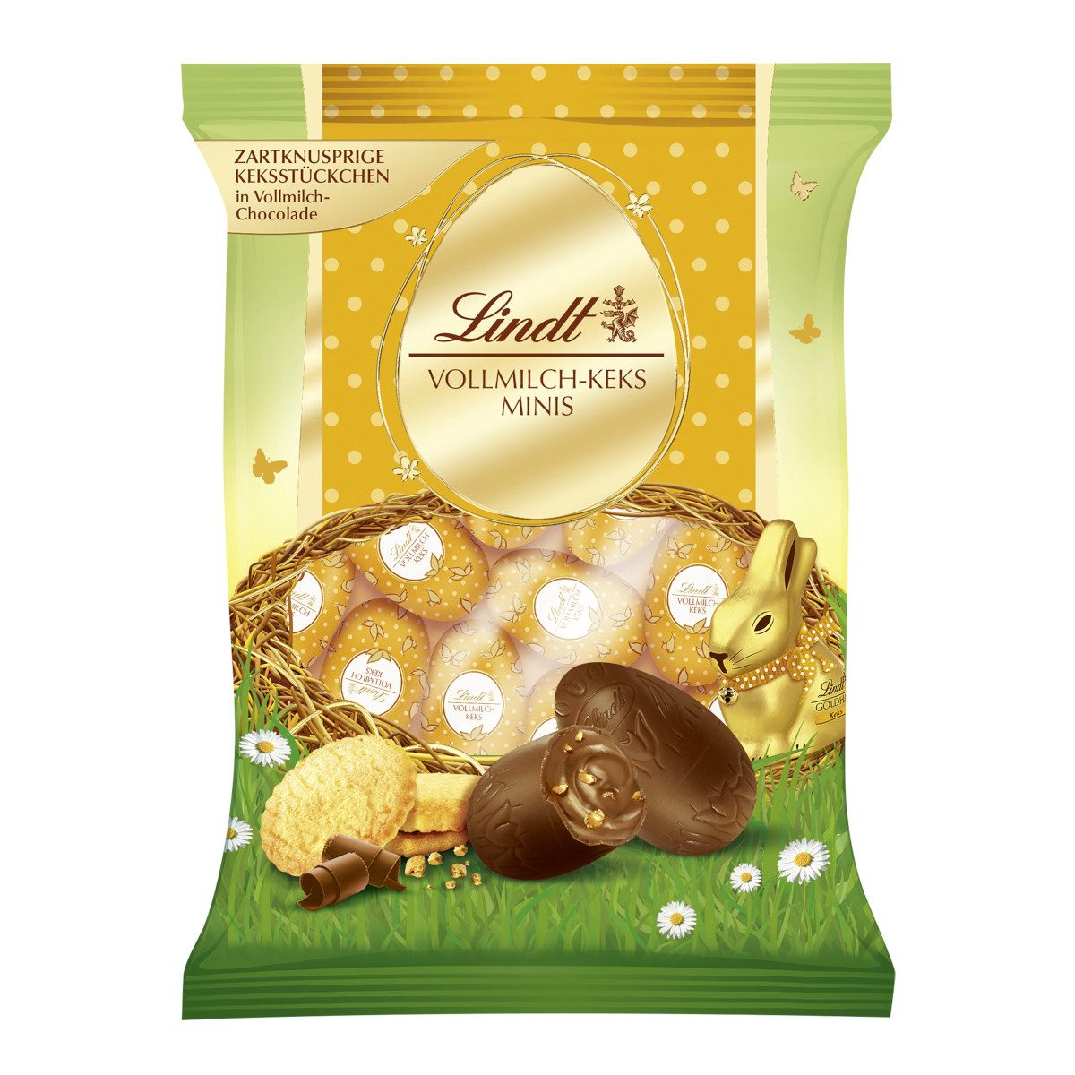 LINDT Schokolade, Lindt Vollmilch Schokolade Mini Eier Keks knusprig fein 100g
