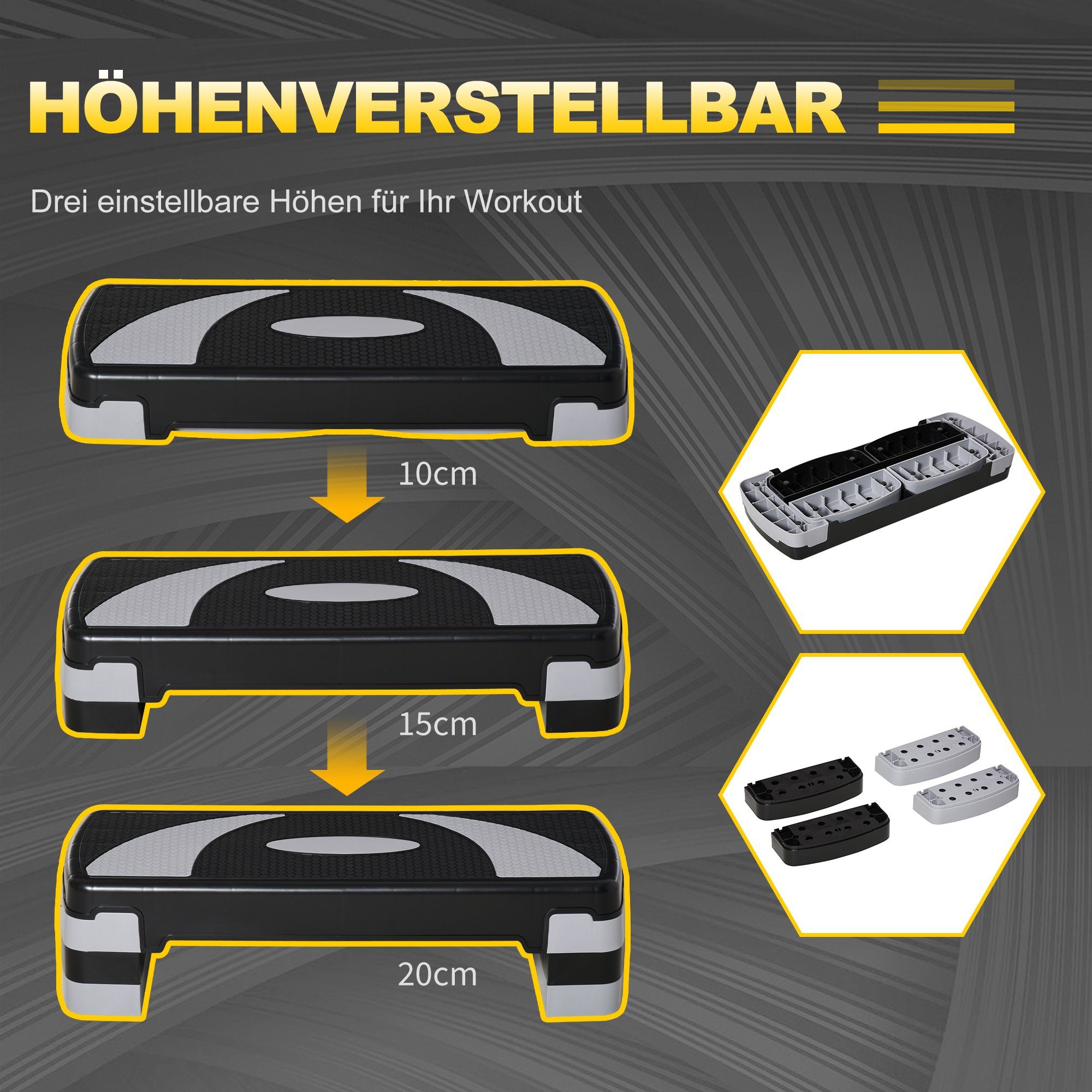HOMCOM Stepper Steppbrett höhenverstellbar mit 3 Stufen (10/15/20 cm) (Fitness Heimtrainer, 1-tlg., Aerobic-Stepper), für Indoor Outdoor Belastbarkeit bis 150 kg 80 x 31 x 10-20 cm