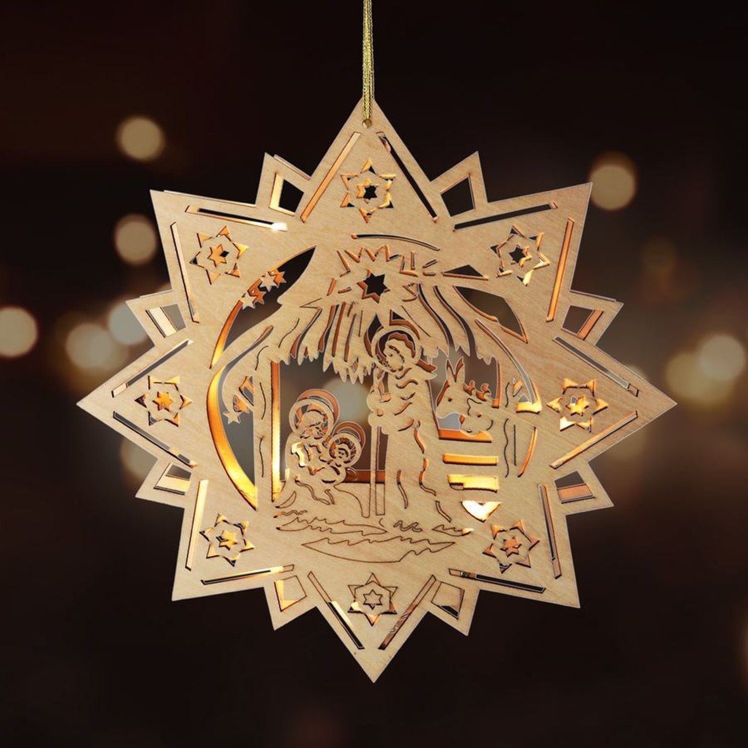 sesua Dekostern Weihnachtsstern Stern aus Holz 30cm 10 LED's Krippe