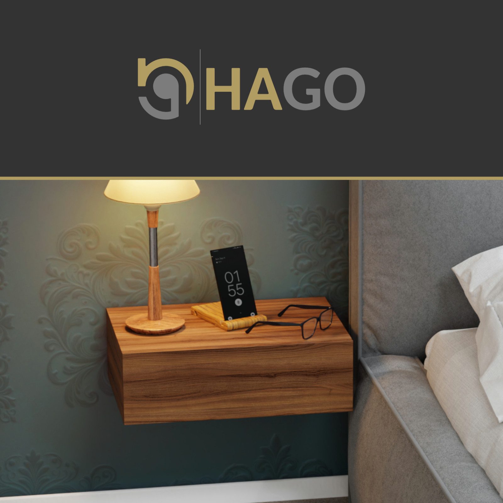 HAGO Nachttisch 46x30x15cm Schublade schwebend Wandregal Hängeschrank Kommode Nachtsch, Minimalistisches Design