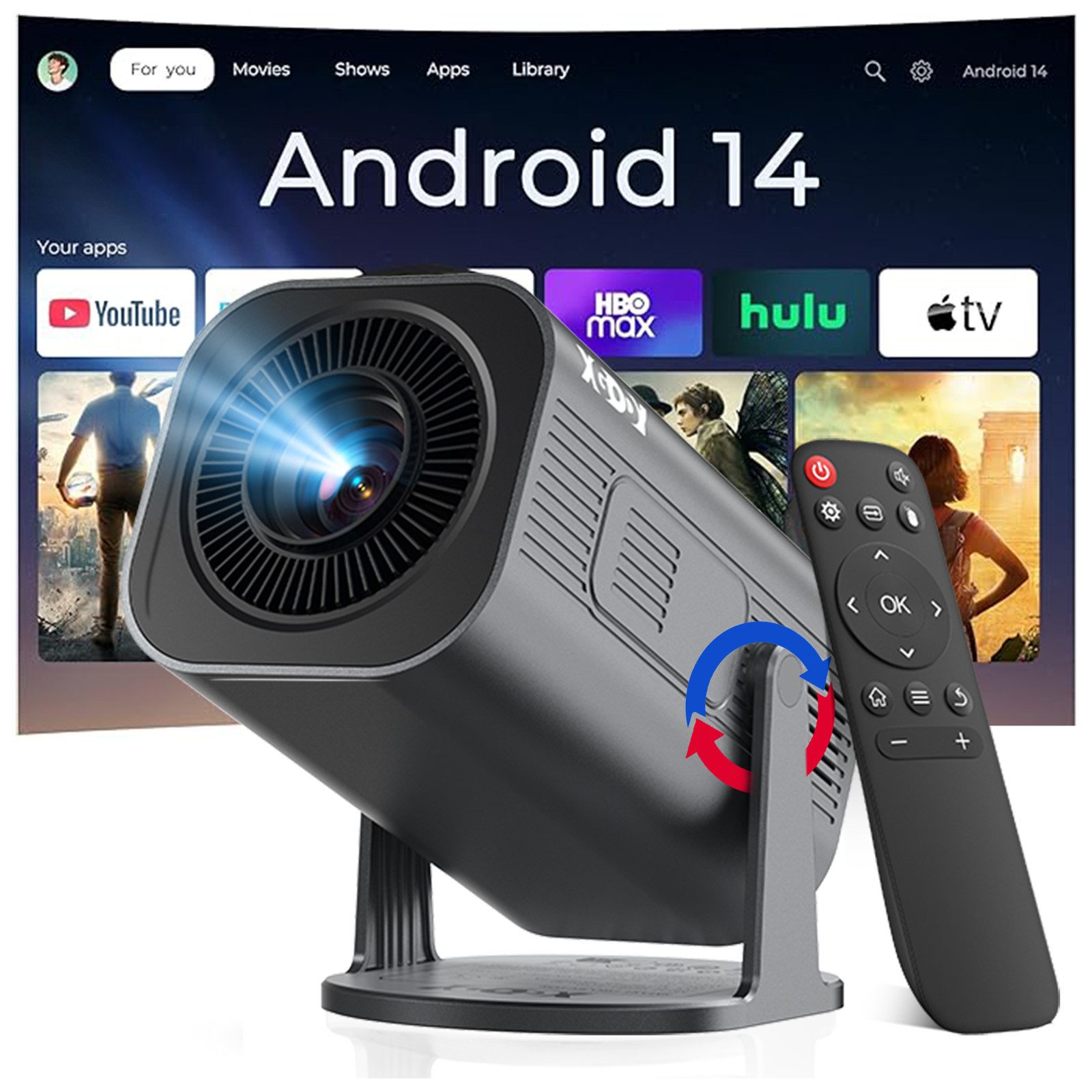 XGODY 2026 Neu Tragbarer Projektor Gimbal 3Pro 4K Android 14 Wifi6 BT 5.4 Mini-Beamer (260 lm, 8000:1, 3840 x 2160 px, Android 14 OS mit App-Store, Youtube, Netflix, Prime Video etc)
