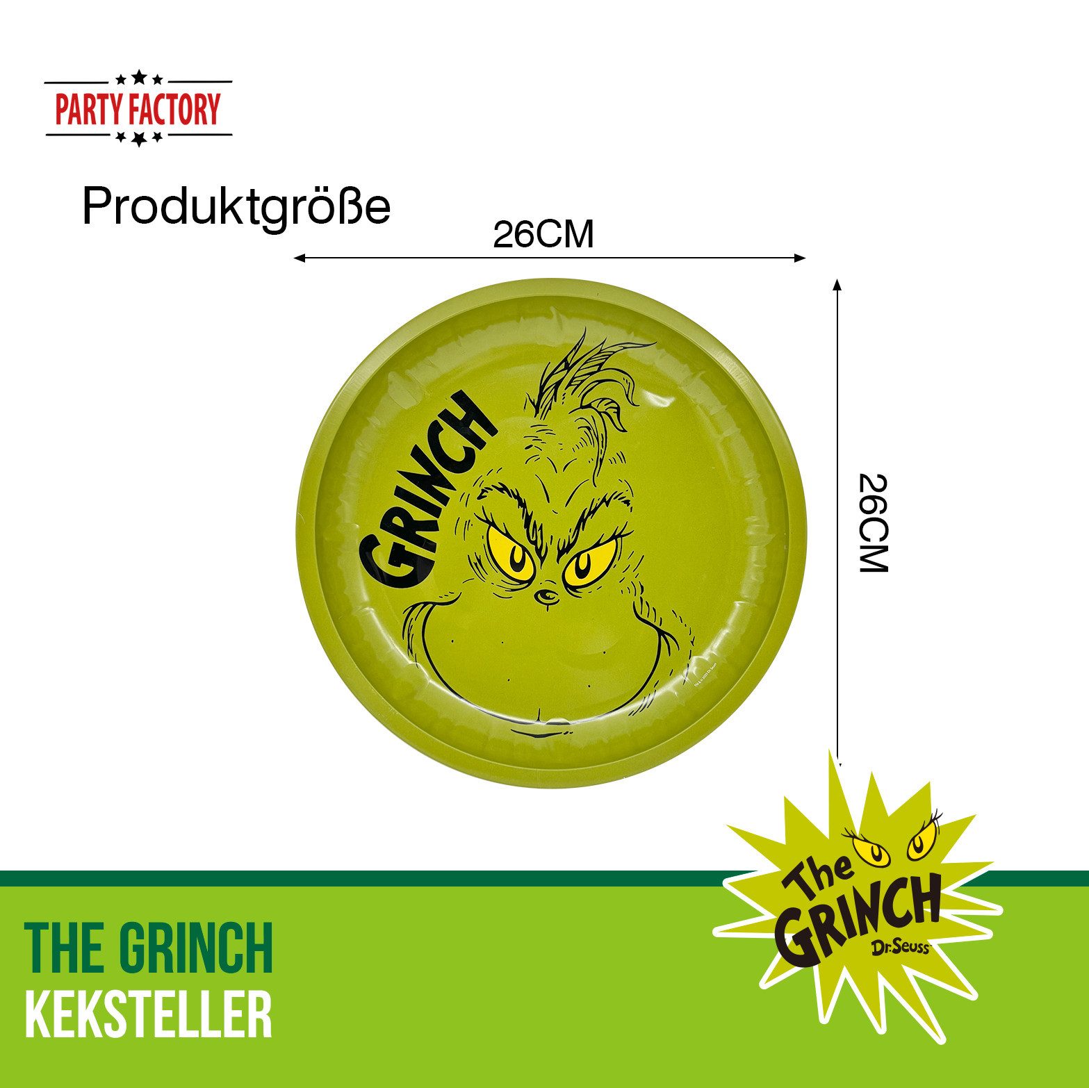 Party Factory Dekoteller The Grinch Keksteller grün – 26 cm für Plätzchen Deko Weihnachten (1 St)