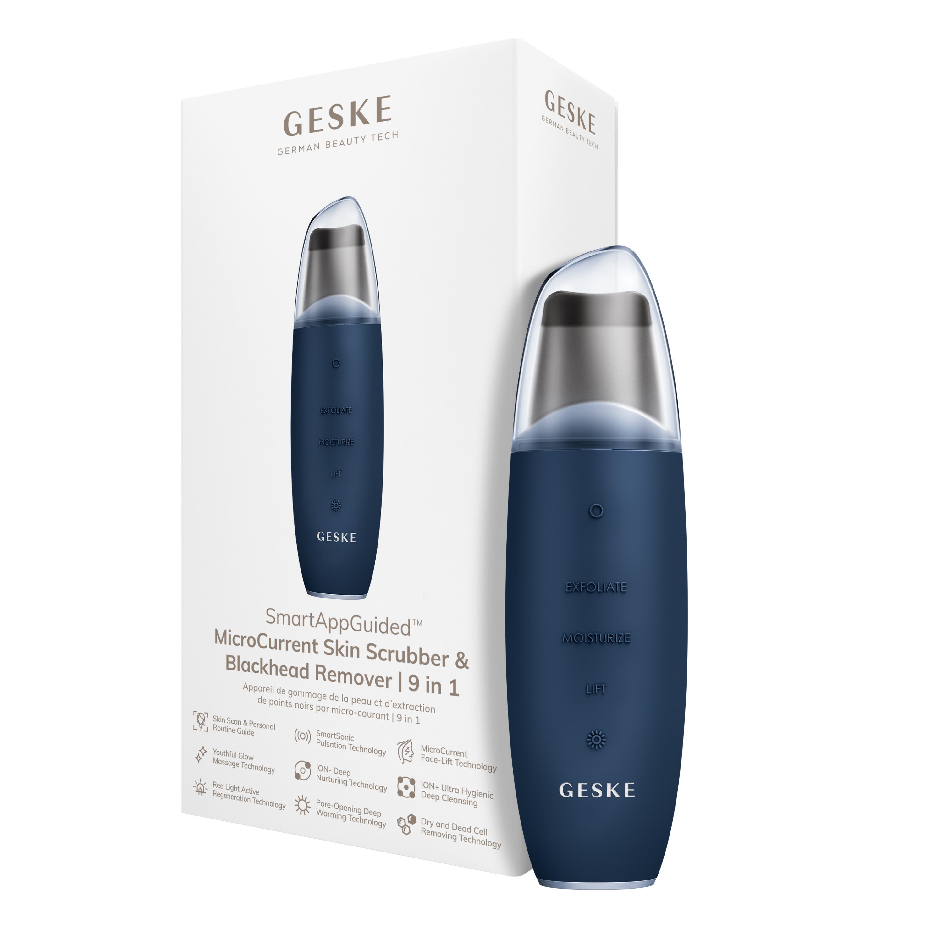 GESKE German Beauty Tech Mitesserentferner SmartAppGuided™ MicroCurrent Skin Scrubber & Blackhead Remover 9 in 1, Packung (Gerät & USB-Ladekabel), 2-tlg., Gerät inkl. kostenloser APP (SmartAppGuided Device), Mit der GESKE App erhältst Du deine personalisierte Hautpflegeroutine.
