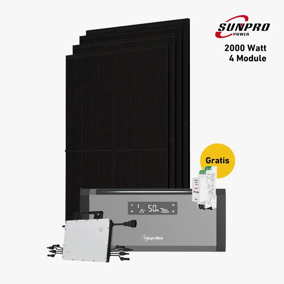 Balkonstrom Balkonkraftwerk Balkonkraftwerk 2000 Watt mit Hoymiles HiBattery 1920 AC, 1000 W, Monokristallin, (Hoymiles HiBattery 1920 AC Stromspeicher), Made in Germany Kabel