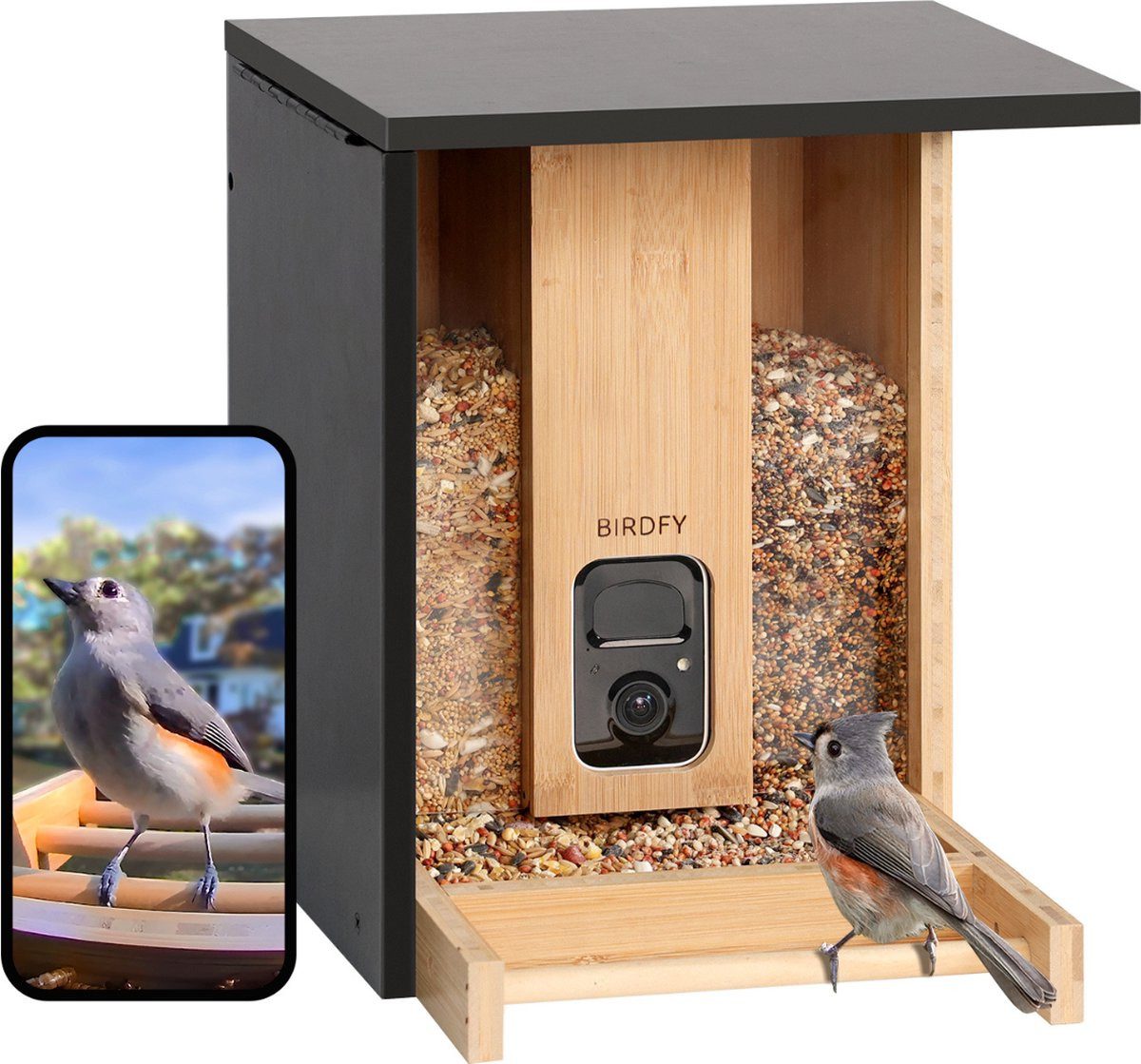 Birdfy Vogelhaus Bamboo, Bambus, mit KI-Kamera, Solar