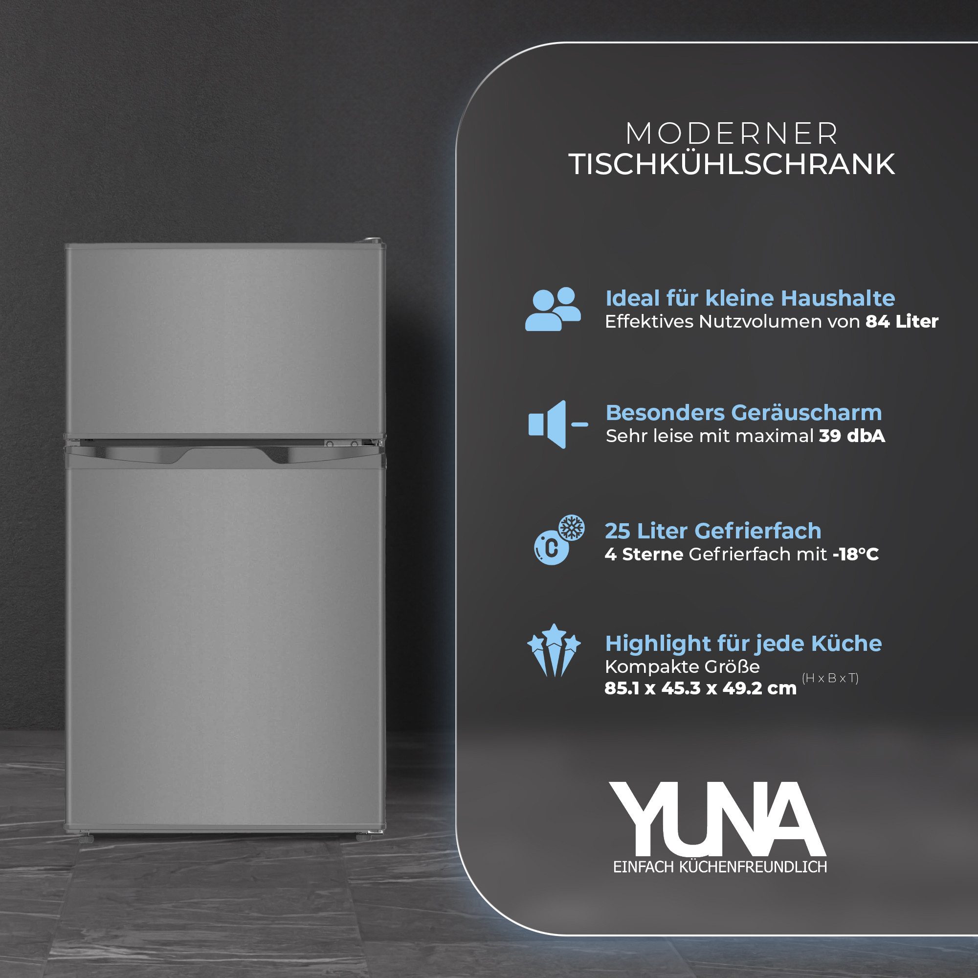 YUNA Kühl-/Gefrierkombination Serebro GK85 E-IX, 85.1 cm hoch, 45.3 cm breit