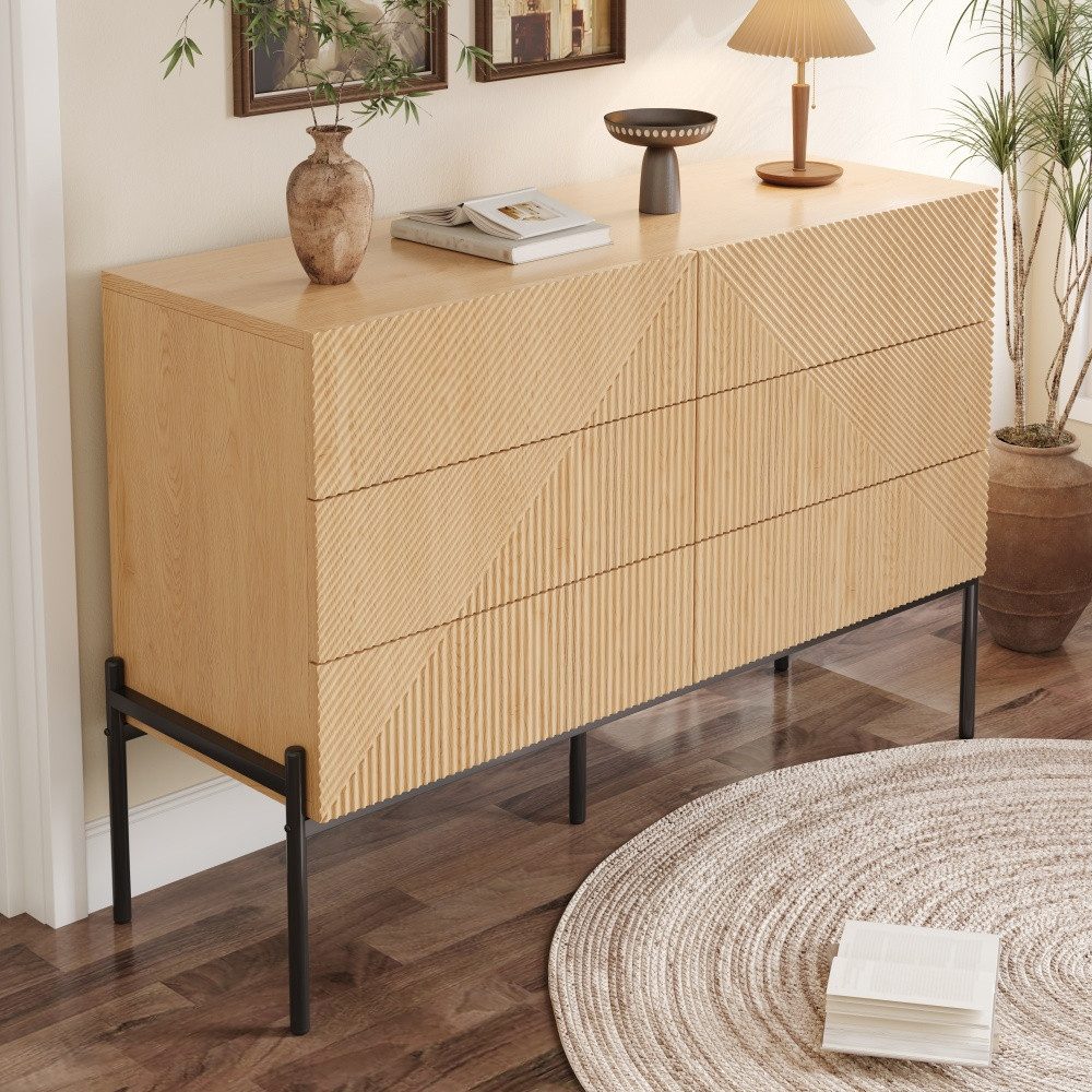 BBG Anrichte Sideboard mit 6 Schubladen, 3D-Front in Holzoptik (Aufbewahrungsschrank für Wohn- und Esszimmer), Kommode mit Metallbeinen, 115,5x38x75 cm