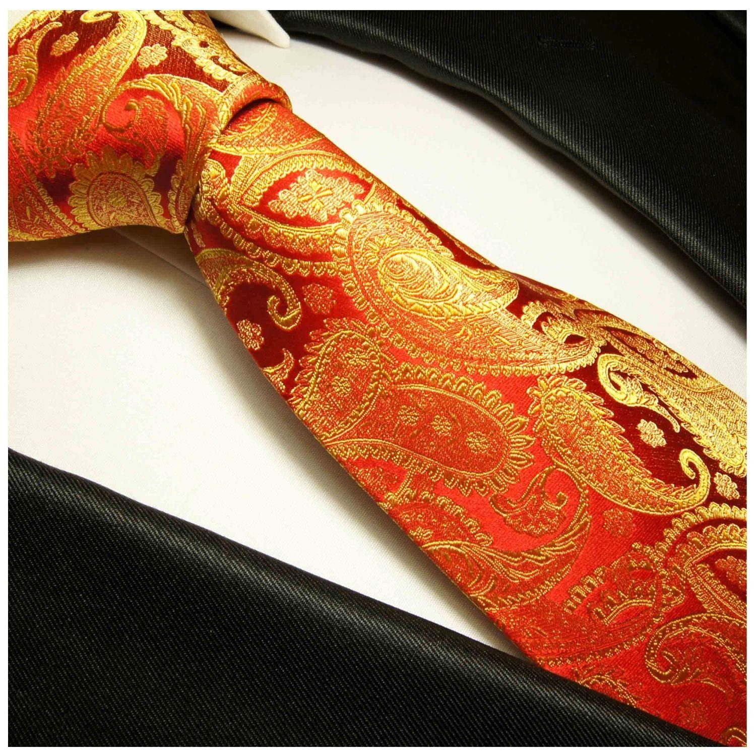 Paul Malone Krawatte Herren Seidenkrawatte gold Tuch 100% 695 rot paisley (Set, brokat Seide (6cm), mit 2-St., Schmal Einstecktuch) Krawatte modern und
