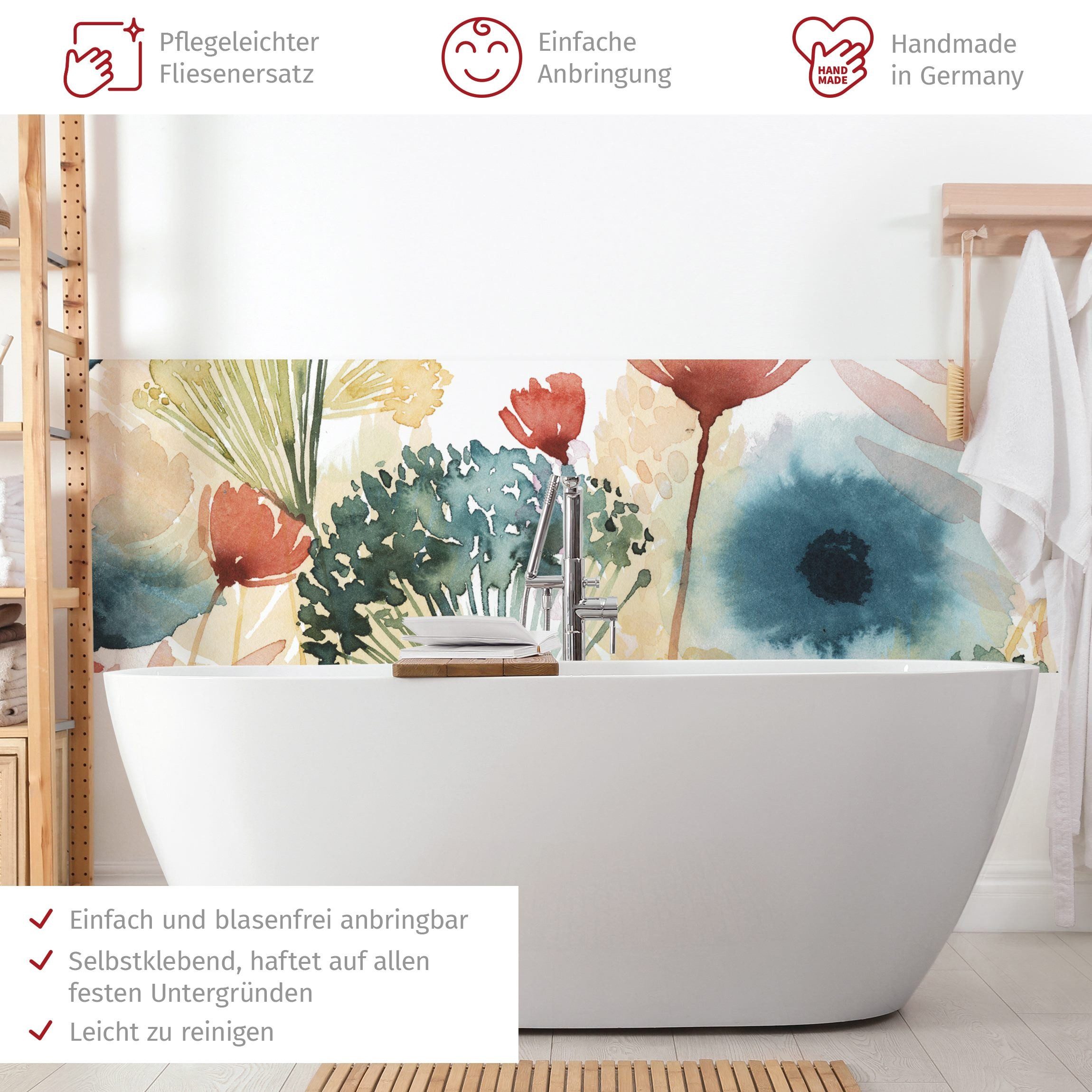 Bilderdepot24 Badrückwand weiss fugenlose Wandverkleidung Bad Landhaus, (Hartfolie matt » Selbstklebend SMART 0,35 mm), wasserfestes Wandpaneel Wildblumen Sommer I