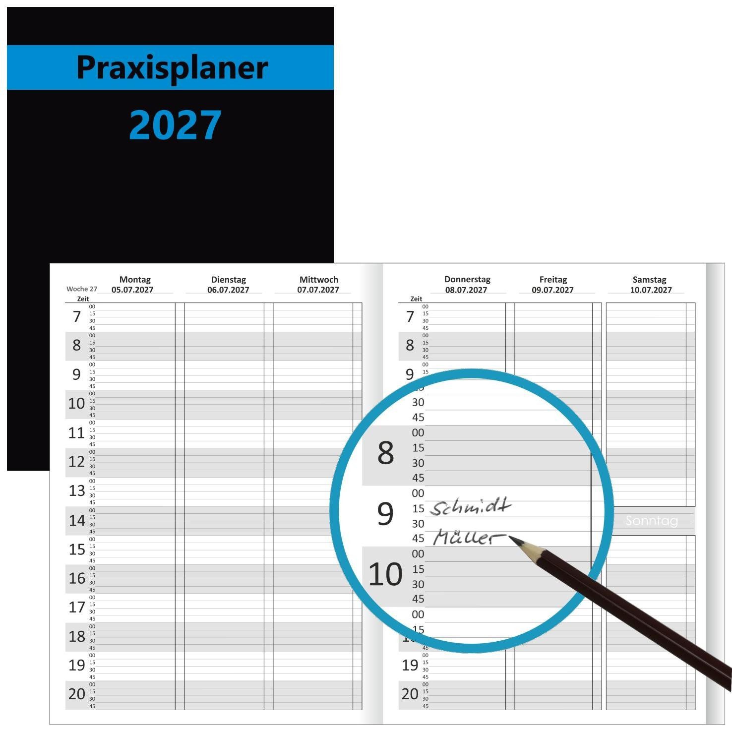 Anschütz Terminkalender Praxisplaner 2027 mit 15-Minuten Taktung - 1 Woche auf 2 Seiten