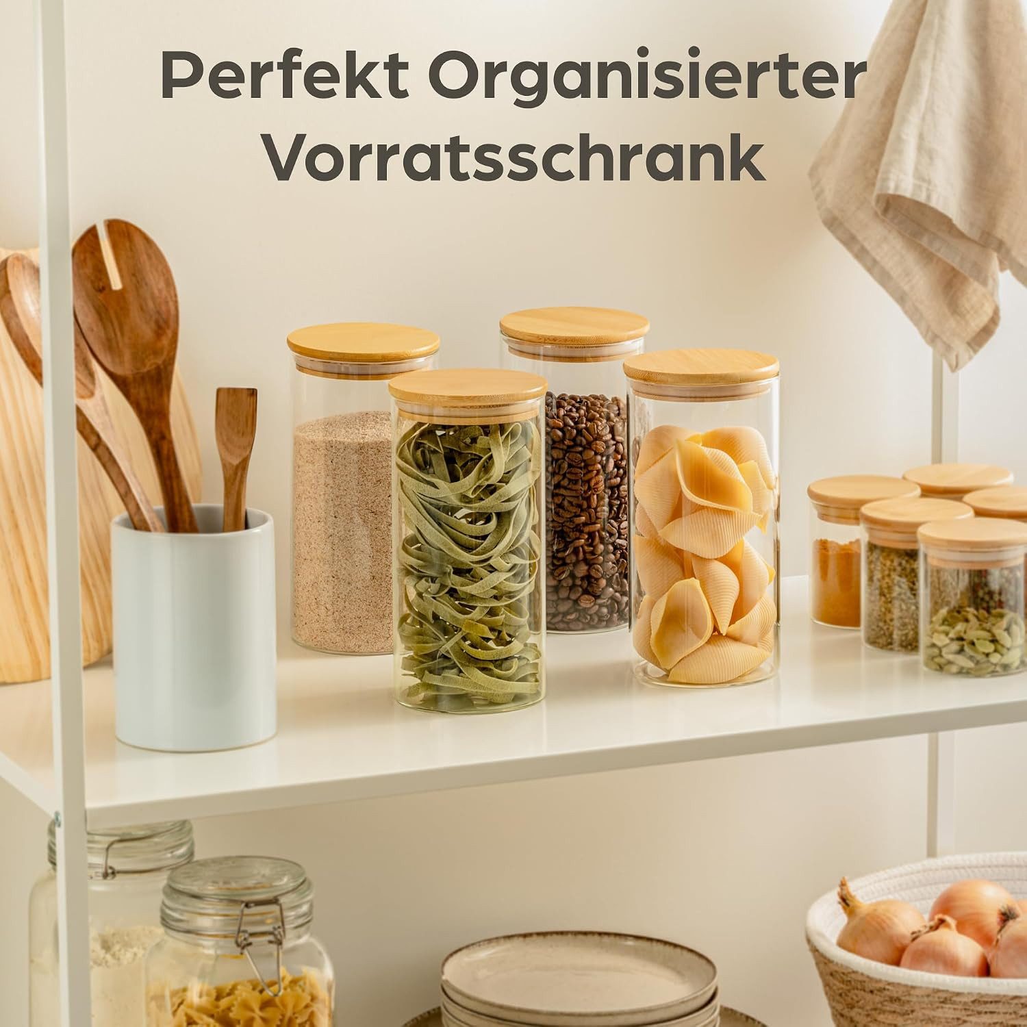 ibettertec Vorratsglas Vorratsglas Gewürzbehälter Set Vorratsdosen Set Ø 8.5 cm x 20 cm, (2-tlg), 1000ml Aufbewahrung Küche Lebensmittel aus Glas mit Bambusdeckel