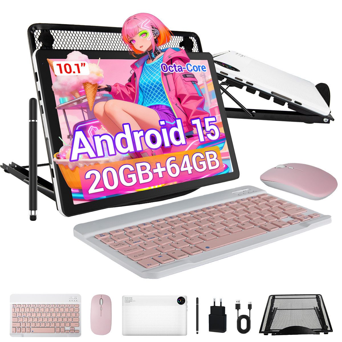 BUFO 10,1 Zoll 20(3+17)GB+64GB+1TB erweiterbar, Android 15, HD 1280x800 Tablet (10,1", 64 GB, Tablet mit Tastatur, Maus, Stift und Kühlerständer, WiFi 6)