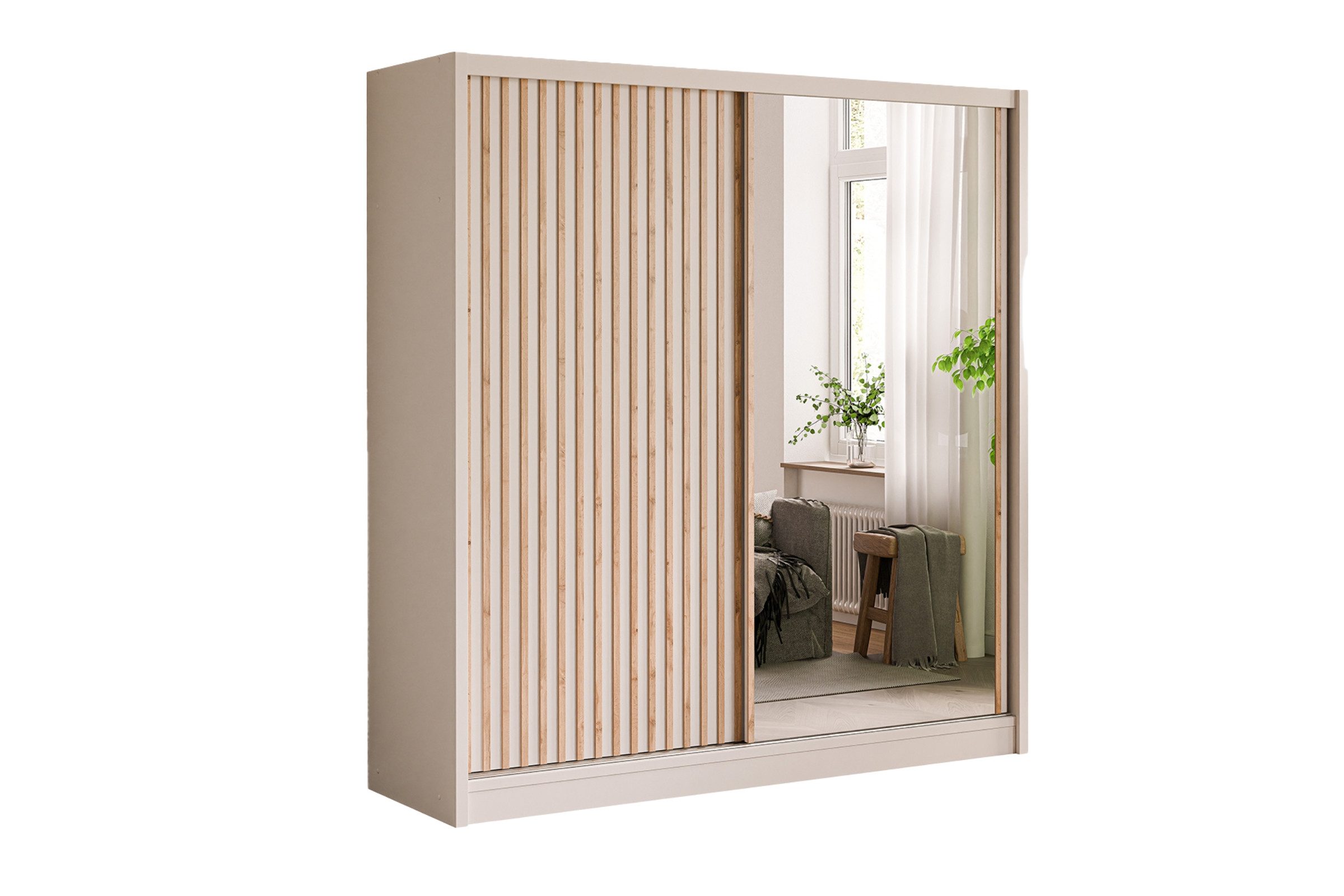 Deine Möbel 24 Schwebetürenschrank NEW YORK LUX Kleiderschrank mit Spiegel und Lamellen, 250 oder 203 cm (Set, 1-St., ideal für Schalfzimmer & Flur) in Kaschmir, modern, mit viel Stauraum