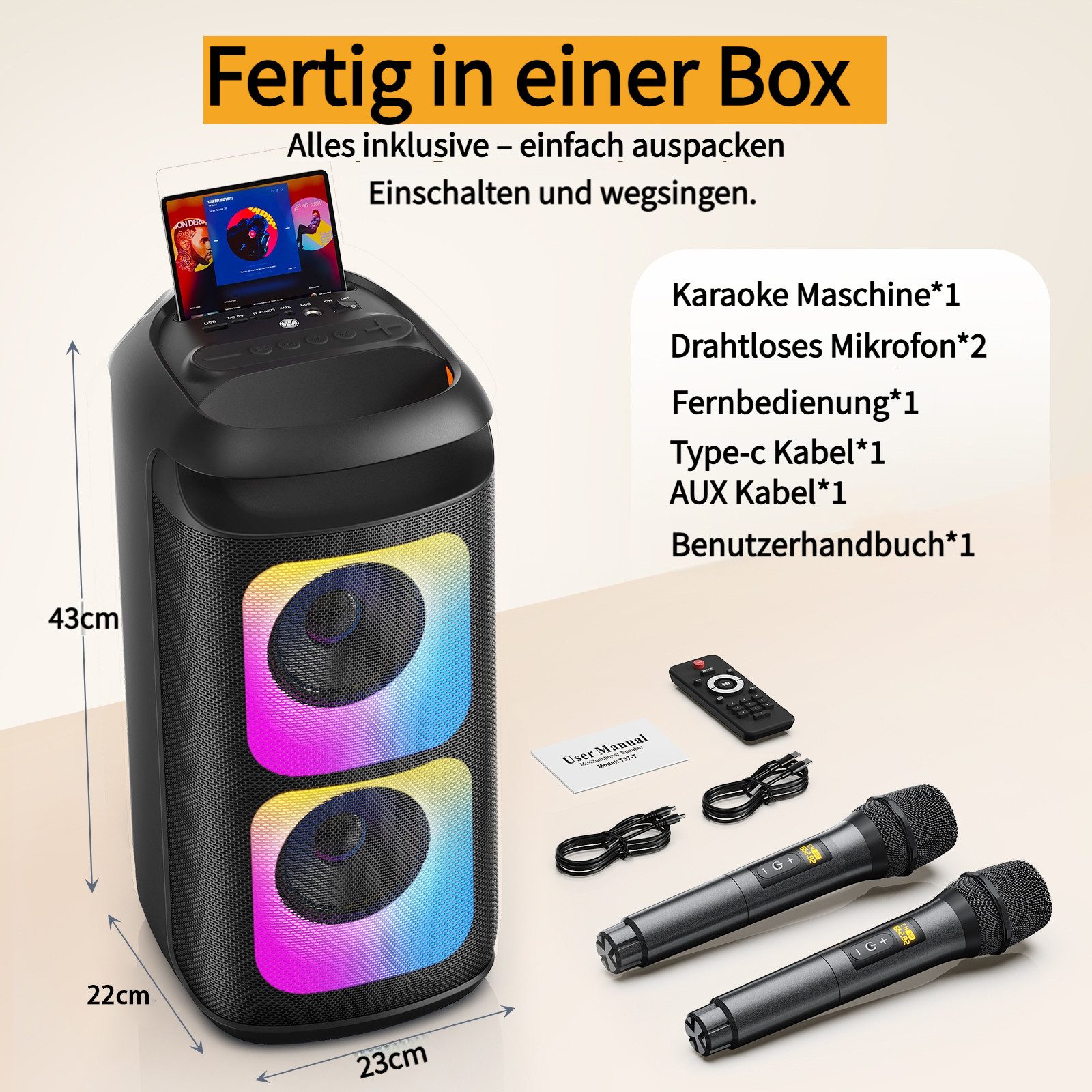 JYX Tragbarer Bluetooth-Speaker mit 2 Funkmikrofonen Bluetooth-Lautsprecher (Bluetooth, 180 W, Kräftiger Bass, Disco-RGB-Licht & bis zu 8 Std. Spielzeit)