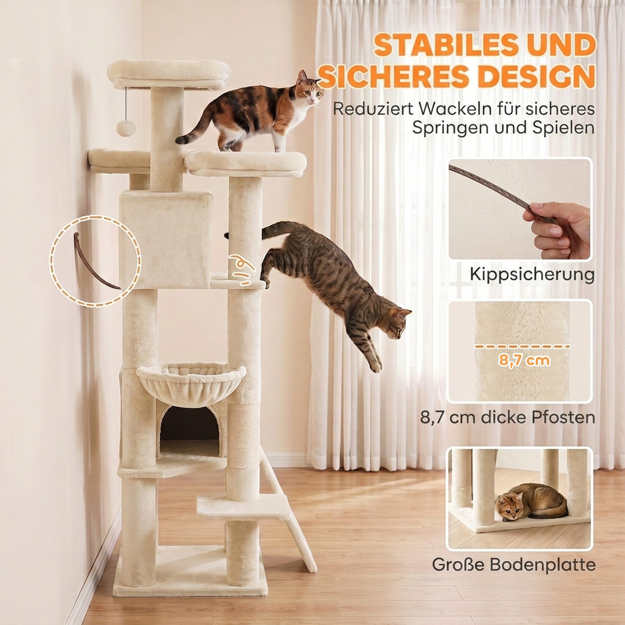 PawHut Kratzbaum Groß 184 cm hoch Katzenbaum mit 3 Dicke Kratzstämmen 2 Höhlen, für 1-3 Katzen unter 6 kg Beige – Bild 5 von 5