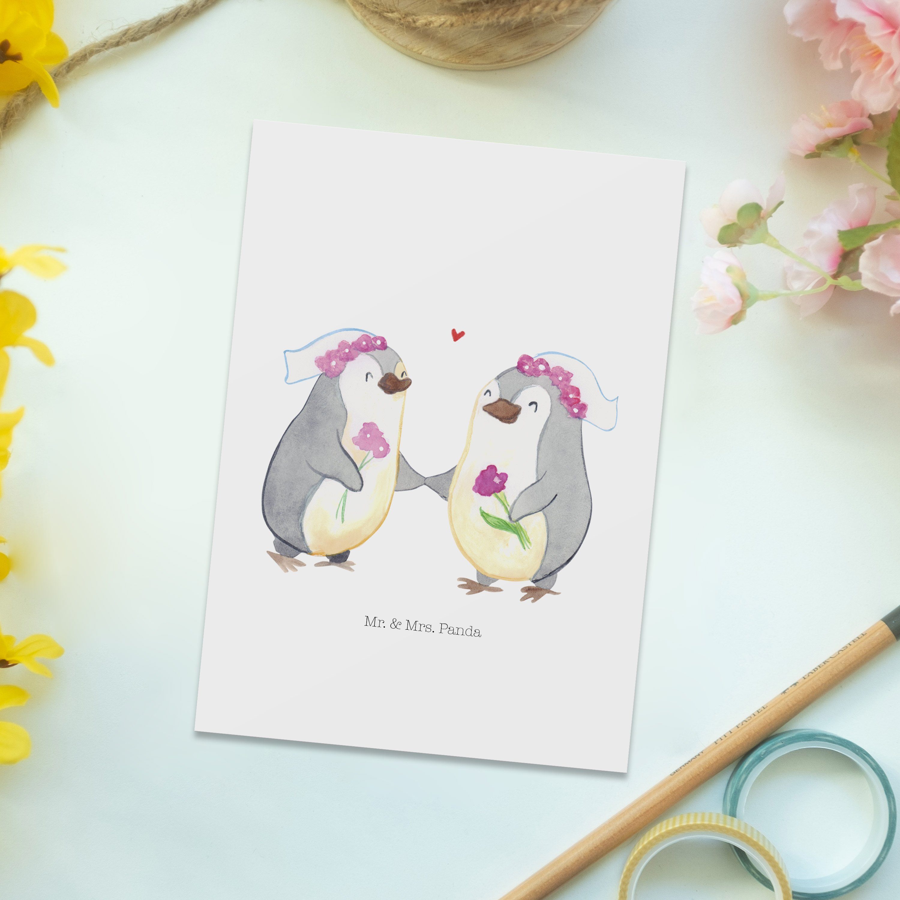 & Weiß Mrs. - Postkarte Panda Geschenk, Hochzeitsgeschenkide - Pride Lesbian Mr. Pinguin Pärchen