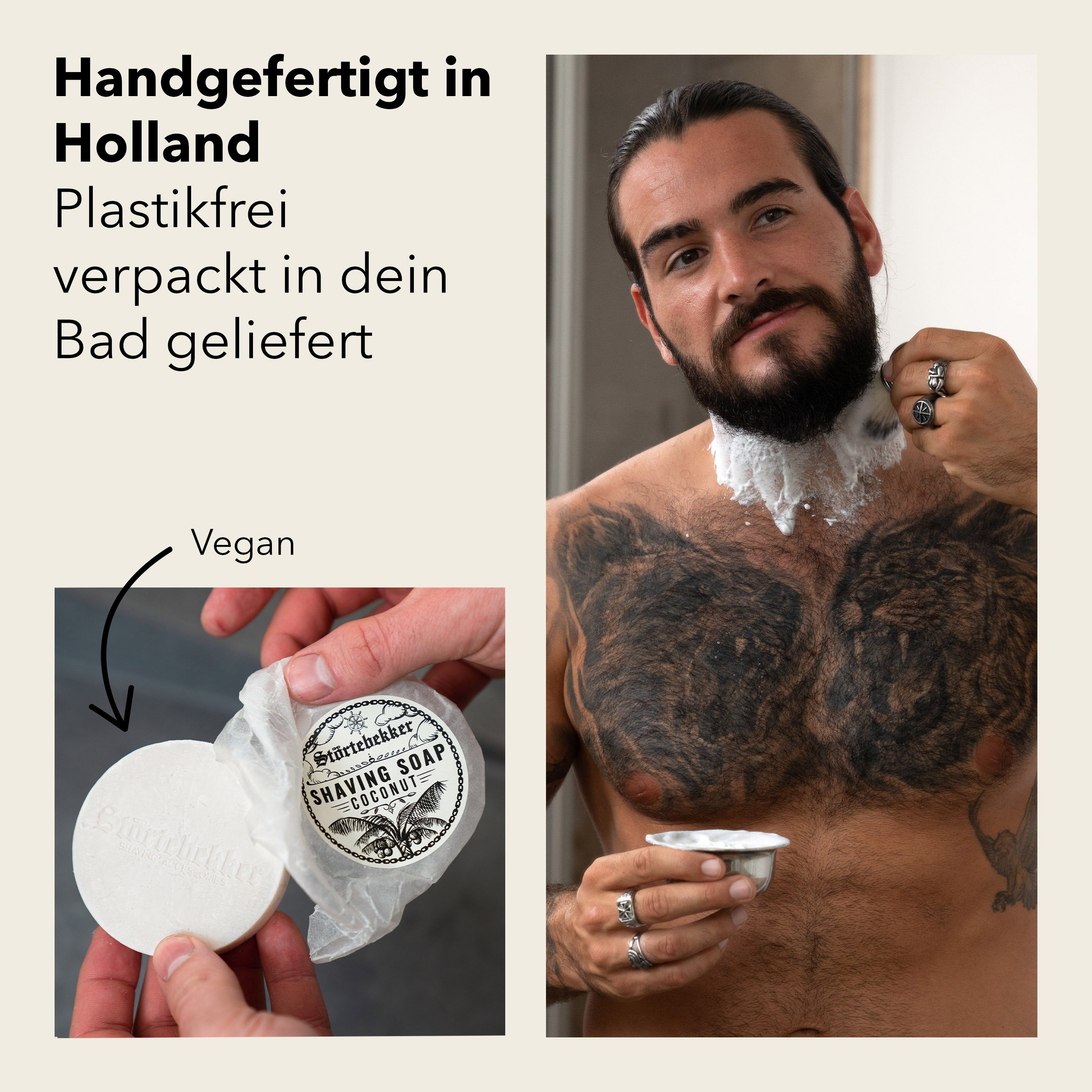 Störtebekker Rasierseife Kokos - für ergiebigen Rasierschaum - Handgefertigt, 1-tlg., Vegan, plastikfrei verpackt, handgefertigt