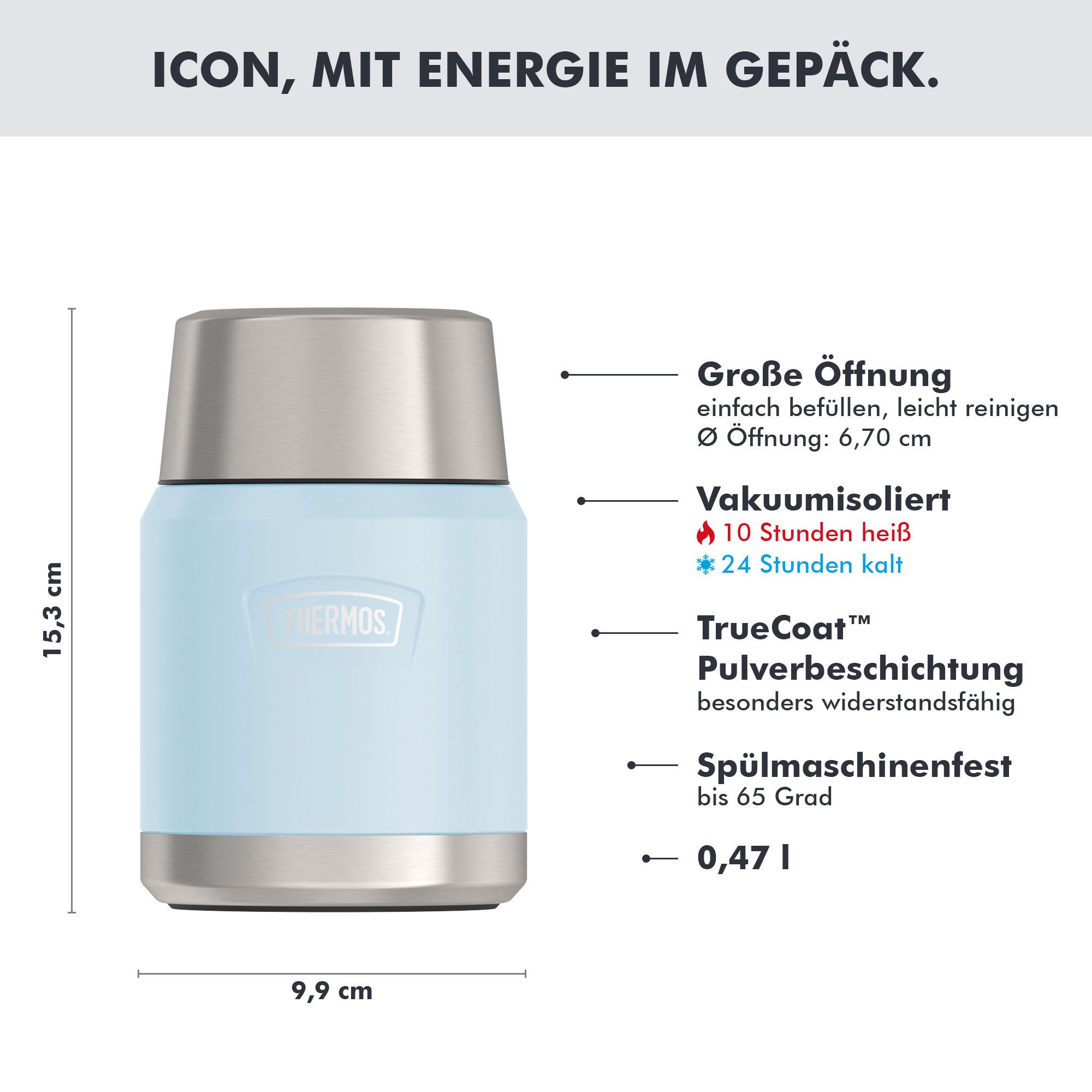 THERMOS Thermobehälter ICON FOOD JAR, Thermobehälter für Essen, spülmaschinenfest, Edelstahl, Kunststoff, Silikon, (1-tlg), 0,47l, 10h heiß & 24h kalt, dicht &  – Bild 2 von 5