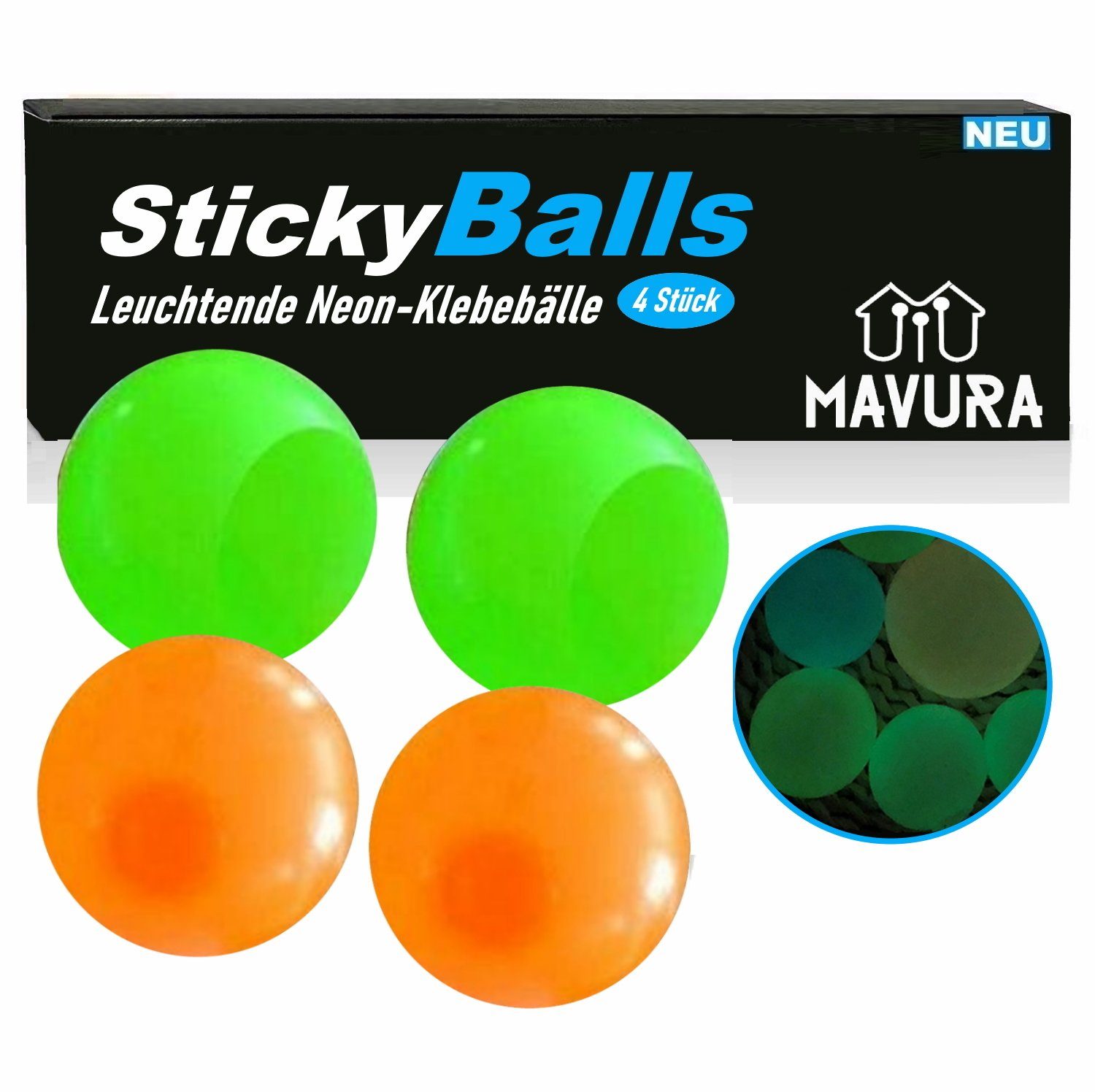 MAVURA Spielball StickyBalls GLOW Leuchtende Neon Klebebälle Klebe (Squishy Squeeze Bälle für die Decke), Spaß Antistress Ball Schleim [4er Set]