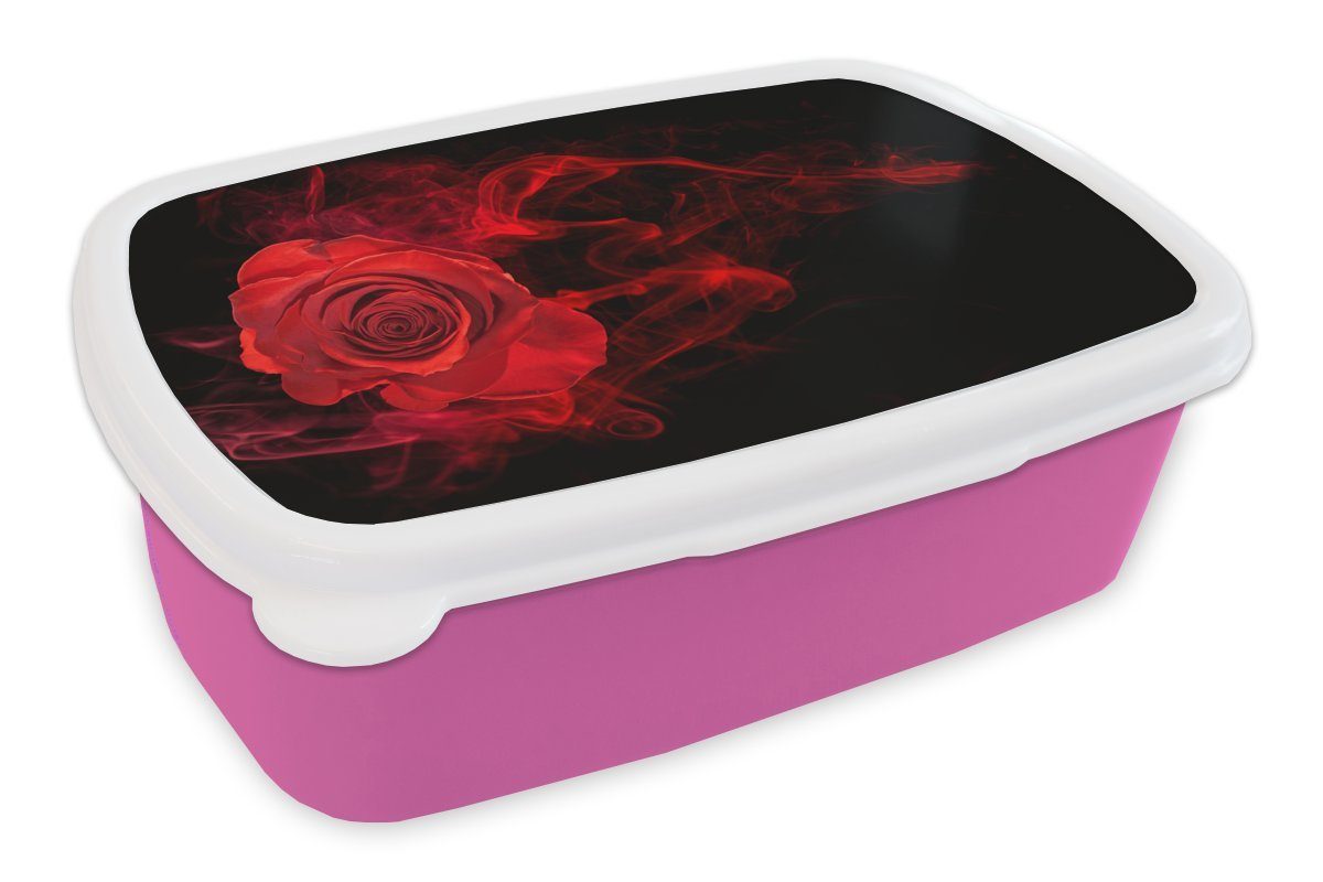 MuchoWow Lunchbox Rosen - Rot - Schwarz, Kunststoff, (2-tlg), Brotbox für Erwachsene, Brotdose Kinder, Snackbox, Mädchen, Kunststoff rosa