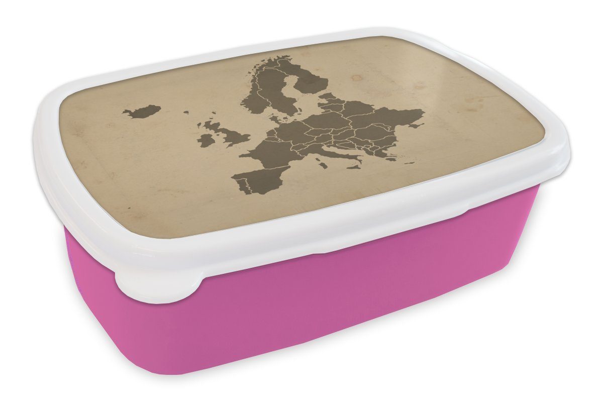 MuchoWow Lunchbox Karte - Europa - Braun, Kunststoff, (2-tlg), Brotbox für Erwachsene, Brotdose Kinder, Snackbox, Mädchen, Kunststoff rosa