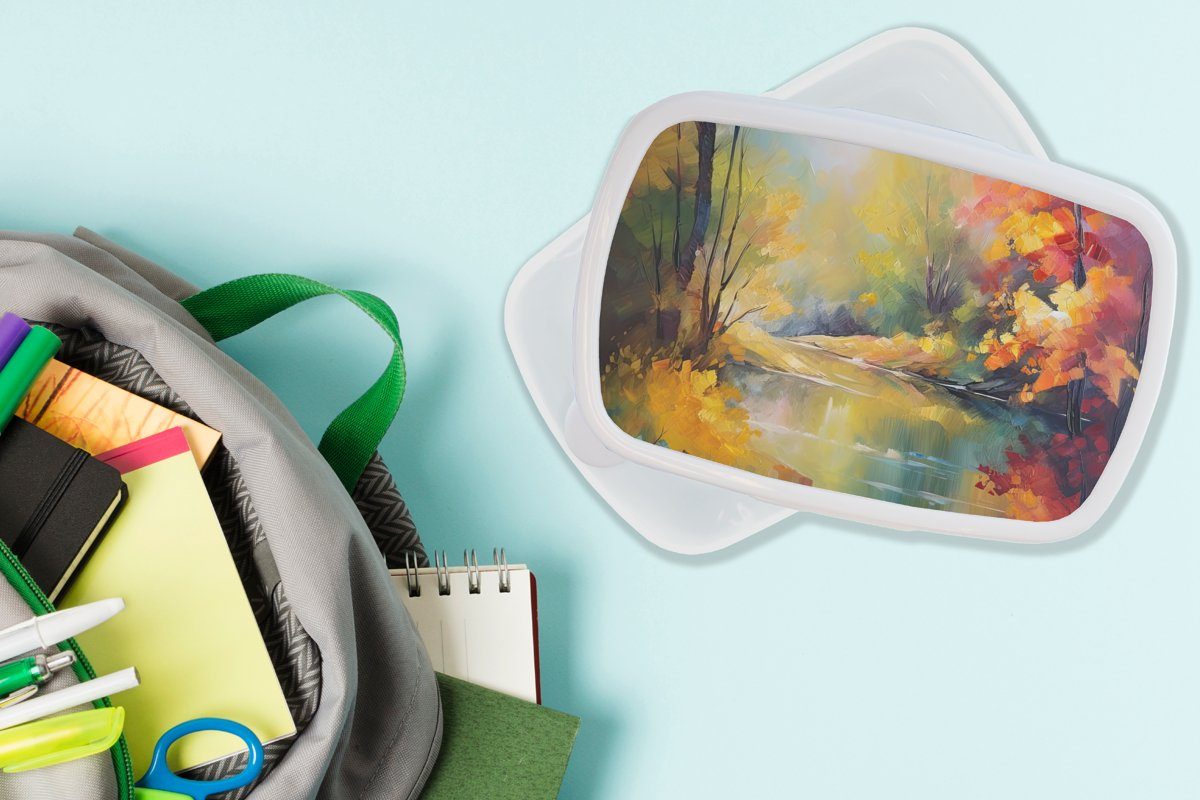 Lunchbox - MuchoWow und Fluss Erwachsene, - Brotdose, Kunststoff, für weiß - Mädchen Landschaft Ölgemälde Brotbox Jungs und für Kinder (2-tlg), Farbenfroh,