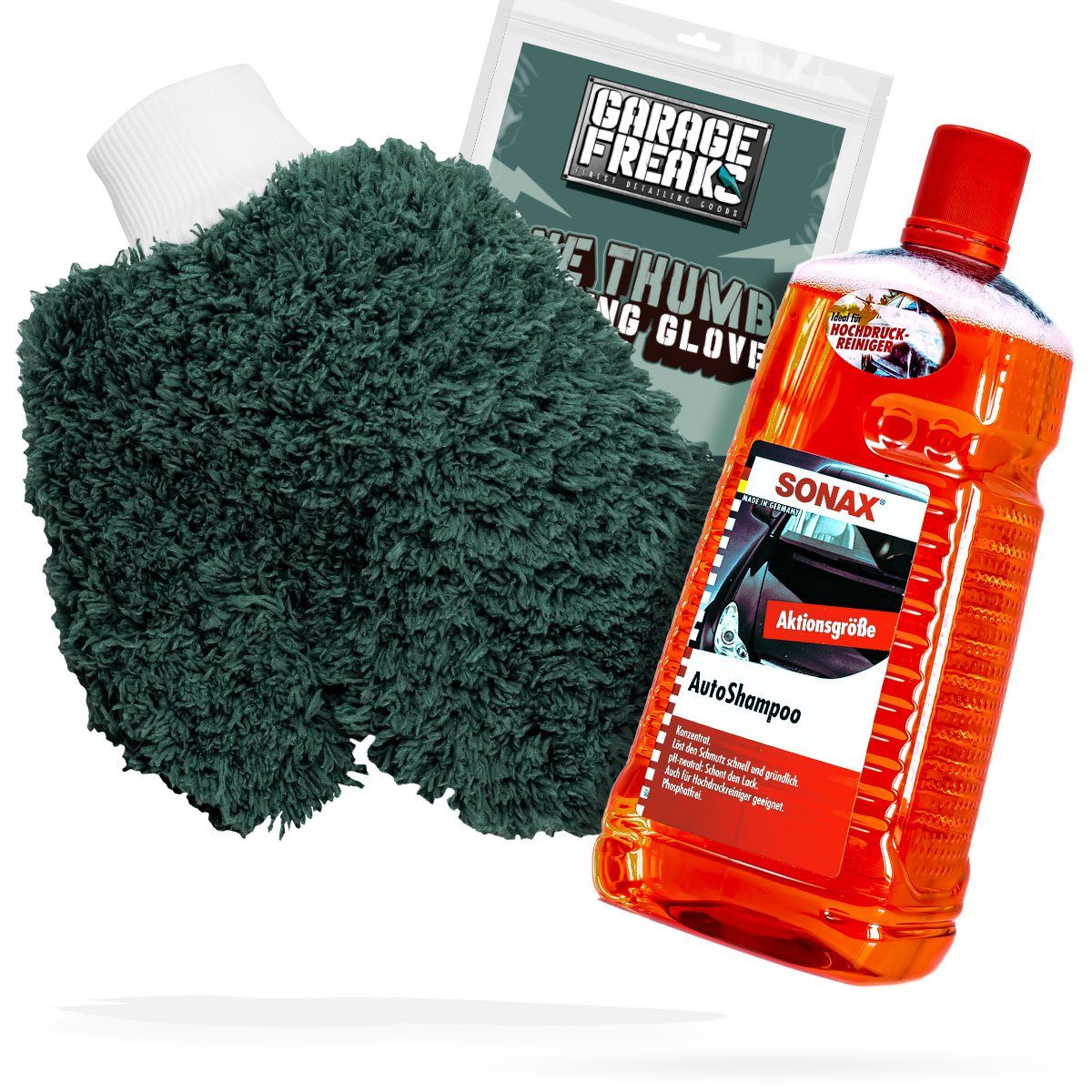 detailmate Auto Waschhandschuh Waschset - Garage Freaks + SONAX Autoshampoo Auto-Reinigungsmittel (Autowäsche - Reinigungs Set - Mikrofaser - Auto Reinigung)