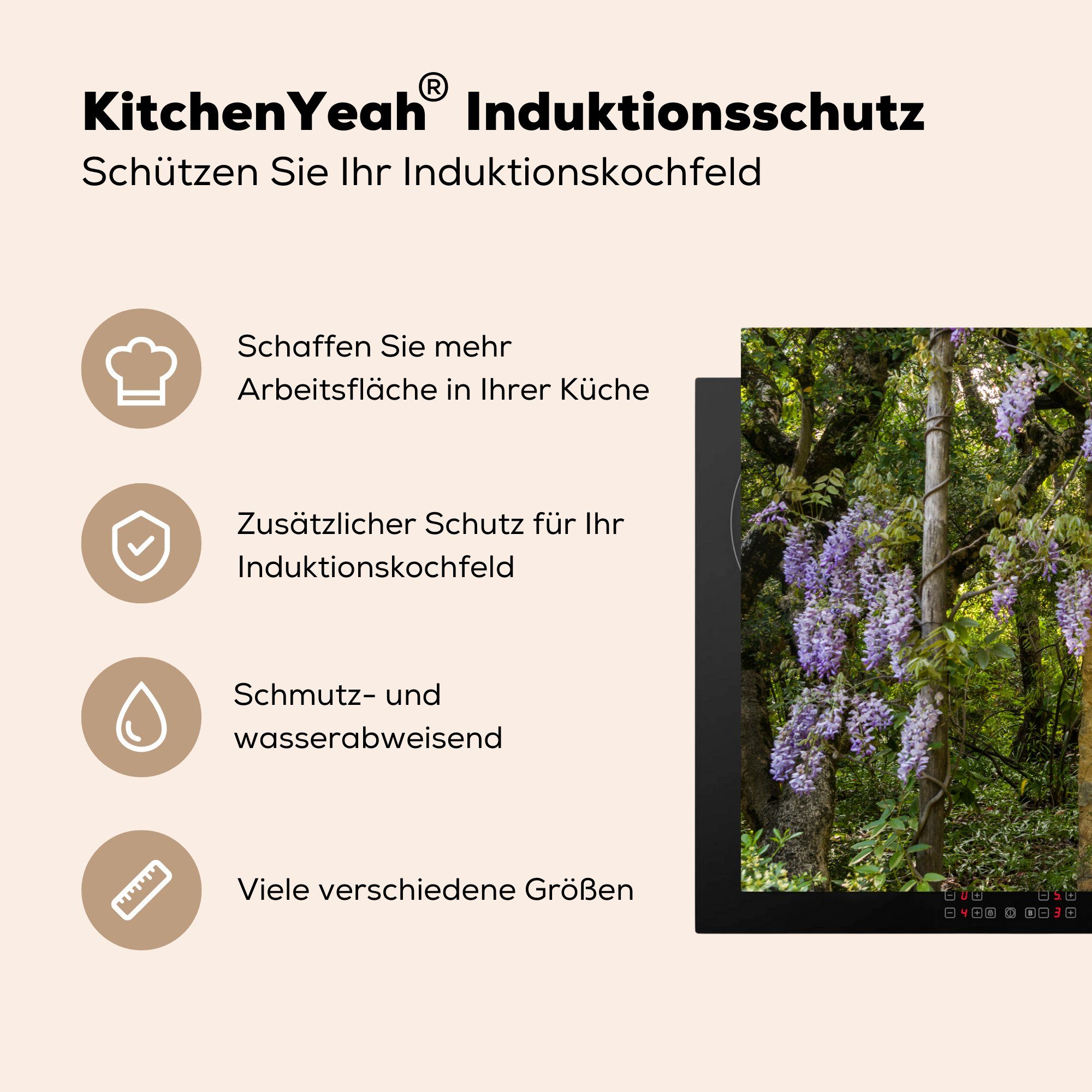 küche, für Herdblende-/Abdeckplatte schattigen cm, tlg), Ceranfeldabdeckung die Vinyl, einem MuchoWow 81x52 Induktionskochfeld Pfad, (1 in Glyzinie Schutz