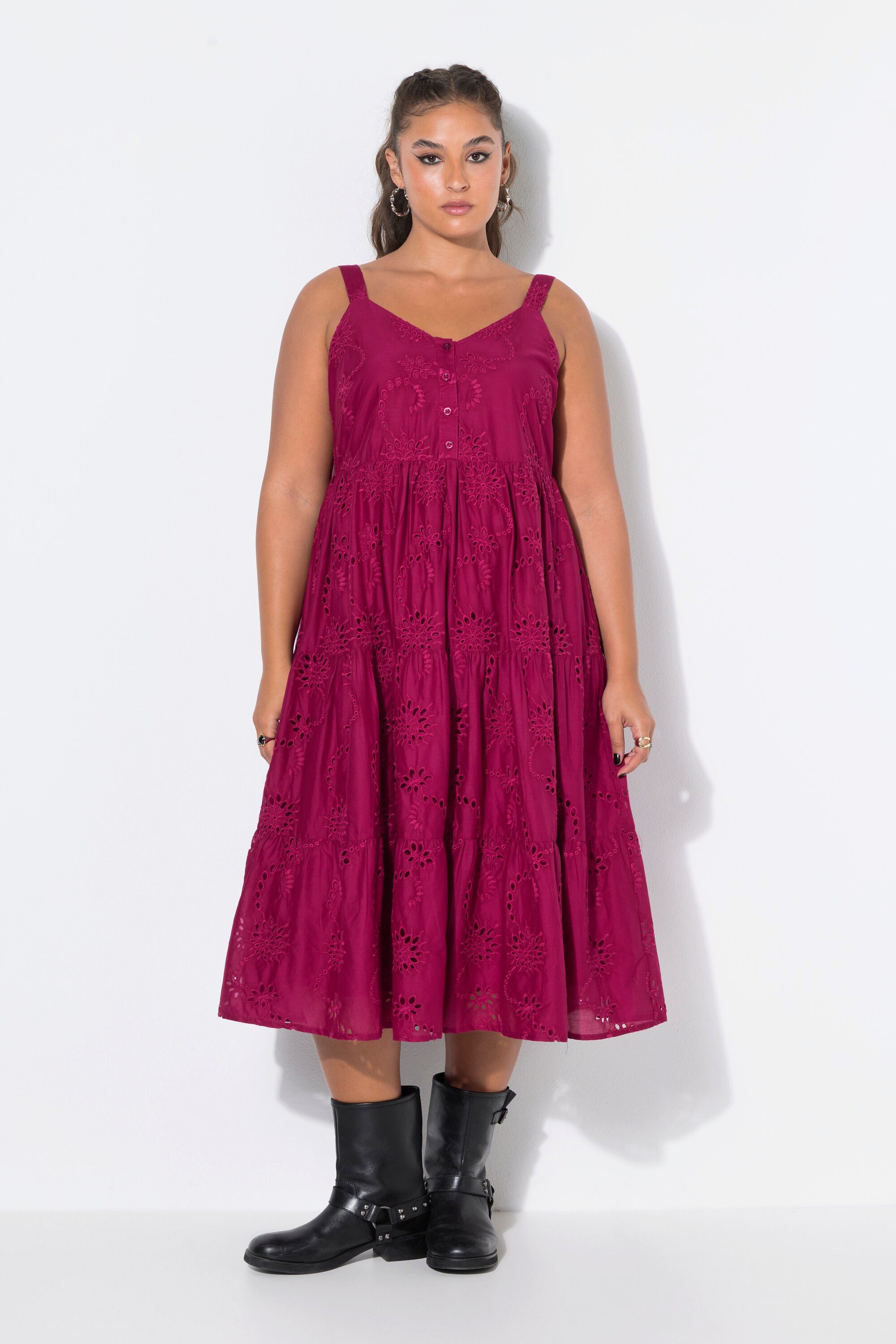 Studio Untold Midikleid Midi-Trägerkleid A-Linie Lochstickerei Volants