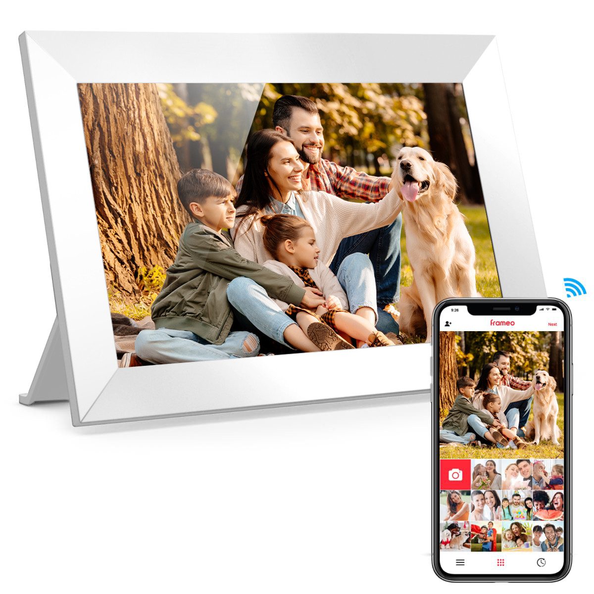 Fine Life Pro Digitaler Fotorahmen mit WiFi-Fotoübertragung. Digitaler Bilderrahmen (1280x800 Pixel, 32 GB, Körper-Sensor elektronischer Fotorahmen mit Frameo Foto/Video-Sharing)