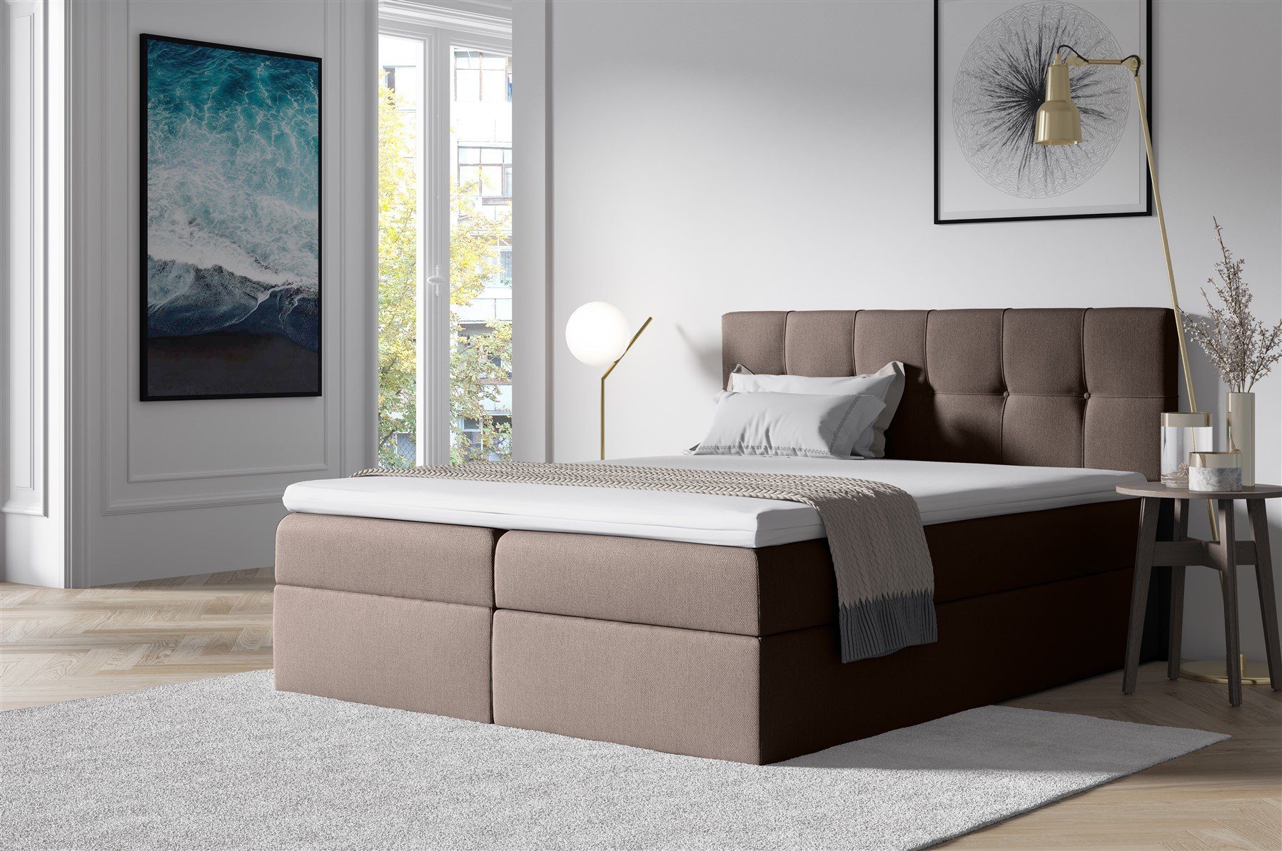 Fun Möbel Boxbett Schlafzimmerbett BURGOS in Stoff Braun (inkl. Bettkasten, 1-St., inkl. Kaltschaumtopper), Gepolstertes Kopfteil