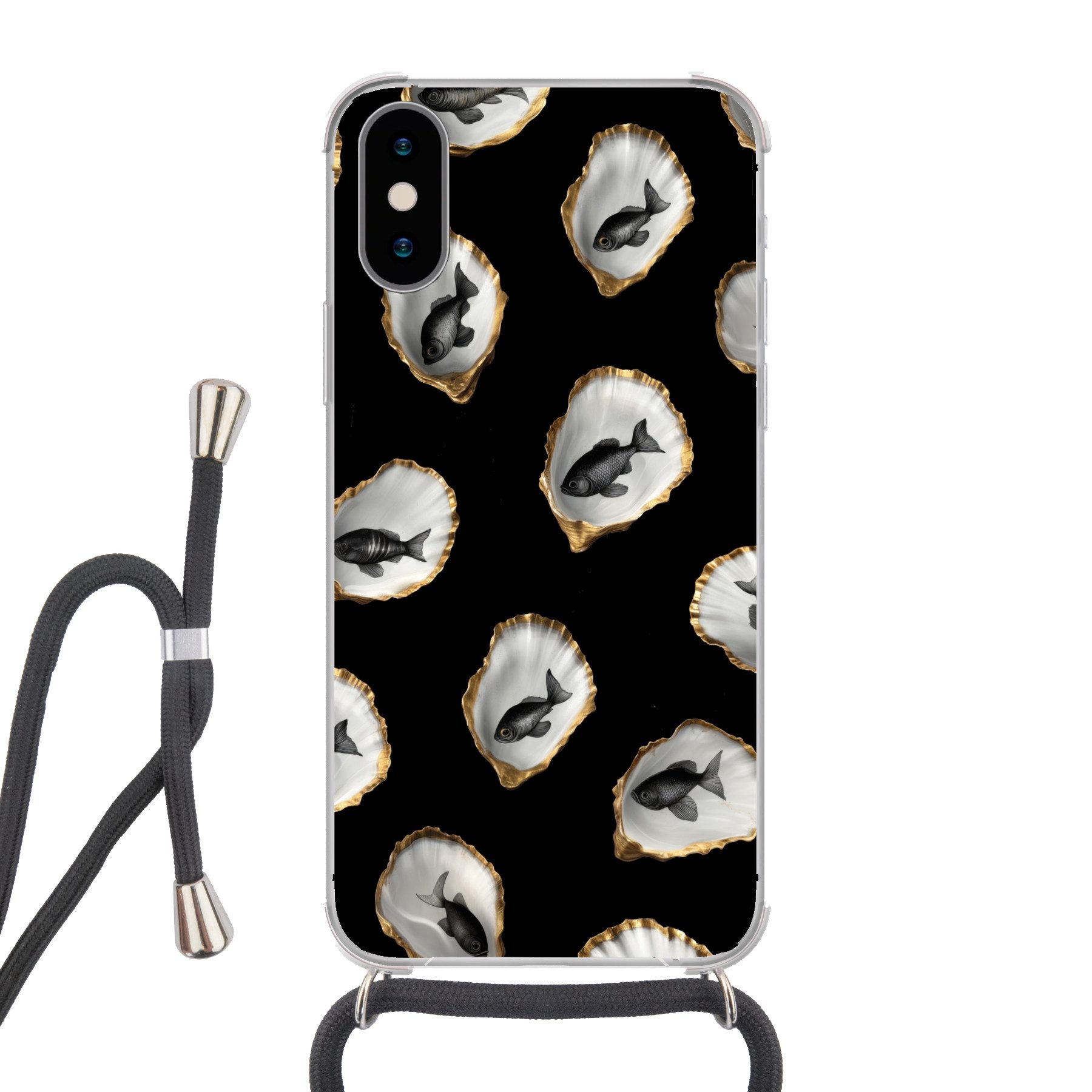 MuchoWow Handyhülle für Apple iPhone X Austern - Schwarz - Fisch - Gold, Tragbare Handyhüllen mit Kette zum umhängen, Handykette Handyband