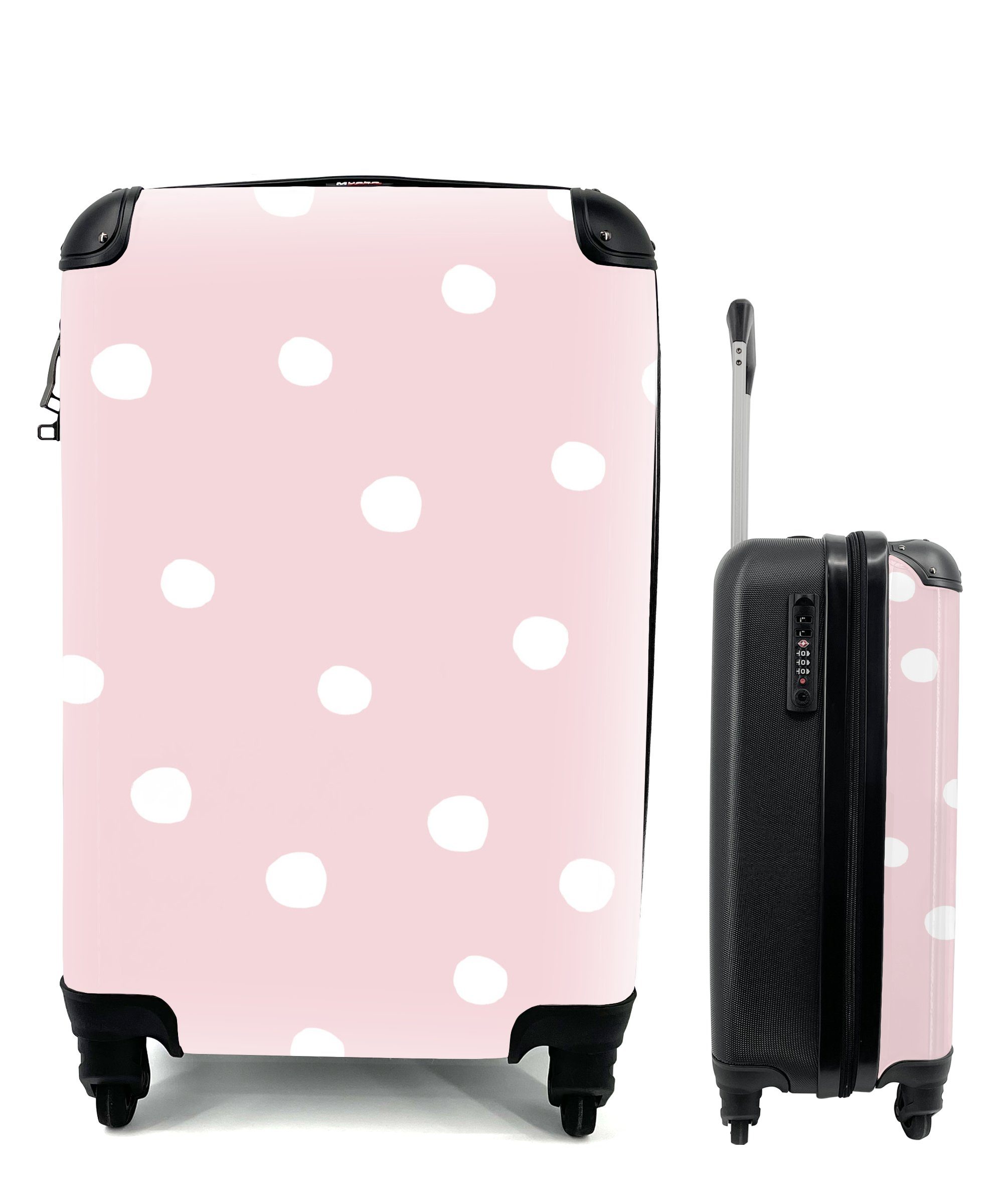MuchoWow Handgepäckkoffer Illustration eines Musters mit weißen Punkten auf einem rosa, 4 Rollen, Reisetasche mit rollen, Handgepäck für Ferien, Trolley, Reisekoffer