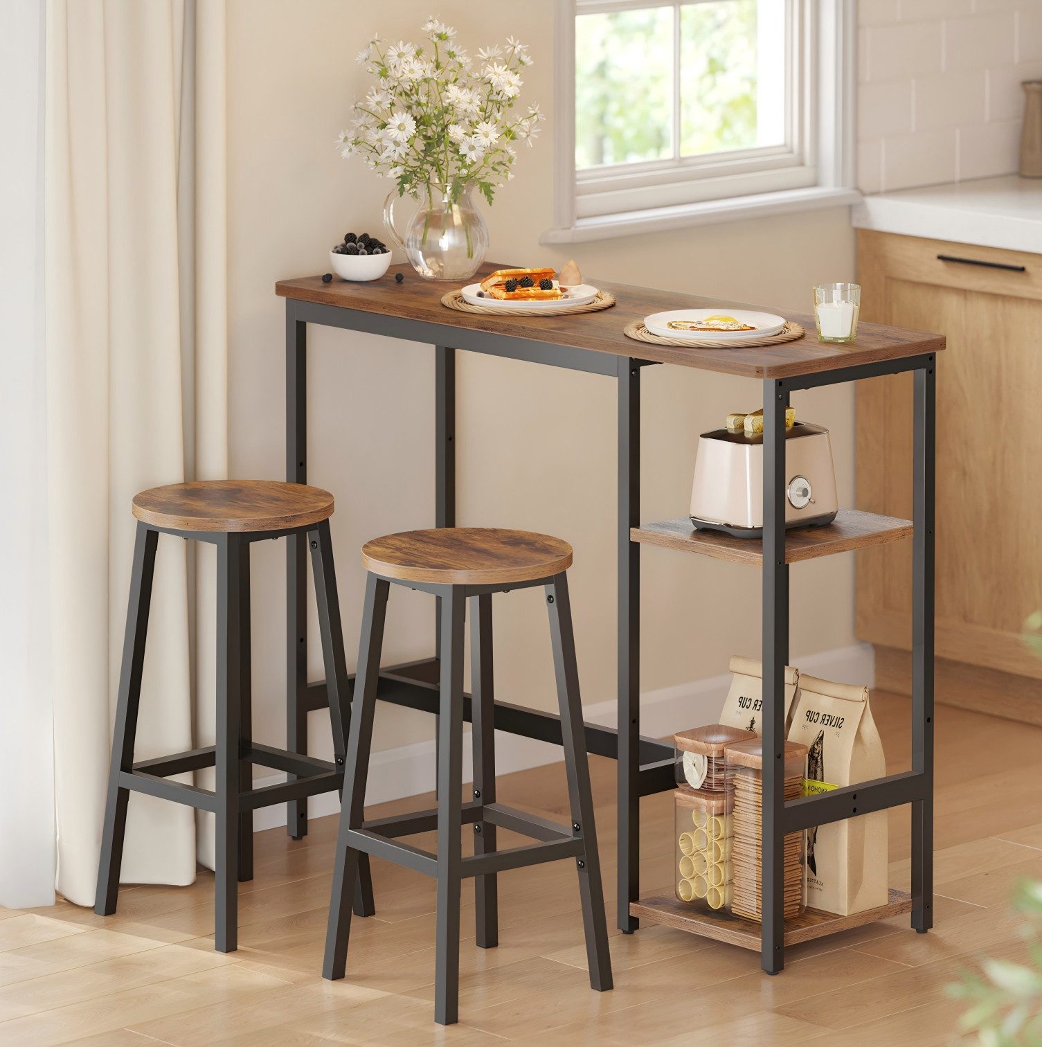VASAGLE Bartisch Bartisch-Set, Bartisch-Set mit Regal, Essgruppe mit 2 Hockern, Metallgestell
