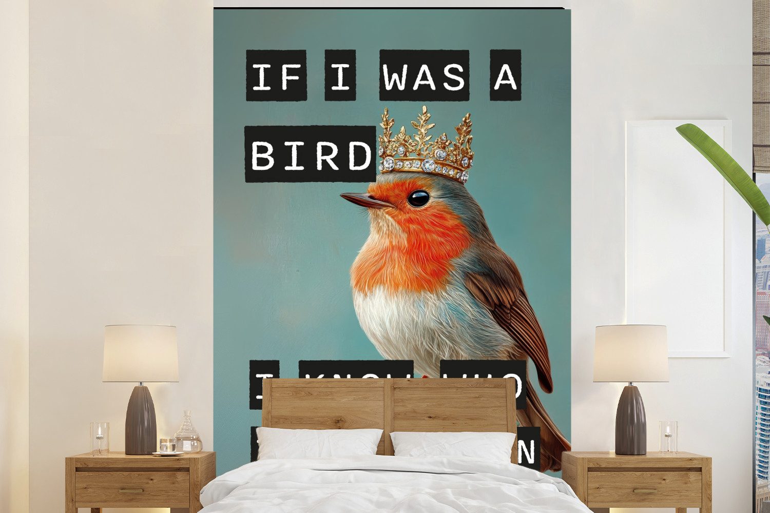 MuchoWow Fototapete Rotkehlchen - Vogel - Blau - Dekoration, Matt, bedruckt, Montagefertig Vinyl Tapete, Wandtapete, 145x220 cm