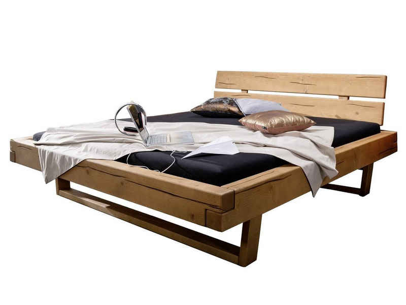 SAM® Holzbett »Ambon«, Doppelbett in Balkenoptik, hohes Kopfteil, honigfarben, Fichtenholz massiv