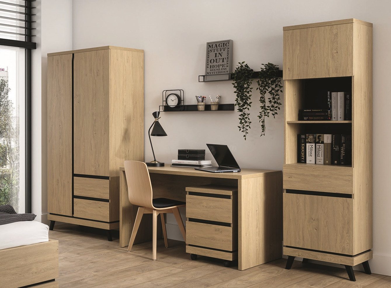 QMM TraumMöbel Jugendzimmer-Set komplett Art Set A, (Set, 4-tlg., Schrank 2-tür., Standregal, Schreibtisch, Rollcontainer), Türen mit Soft-Close-System