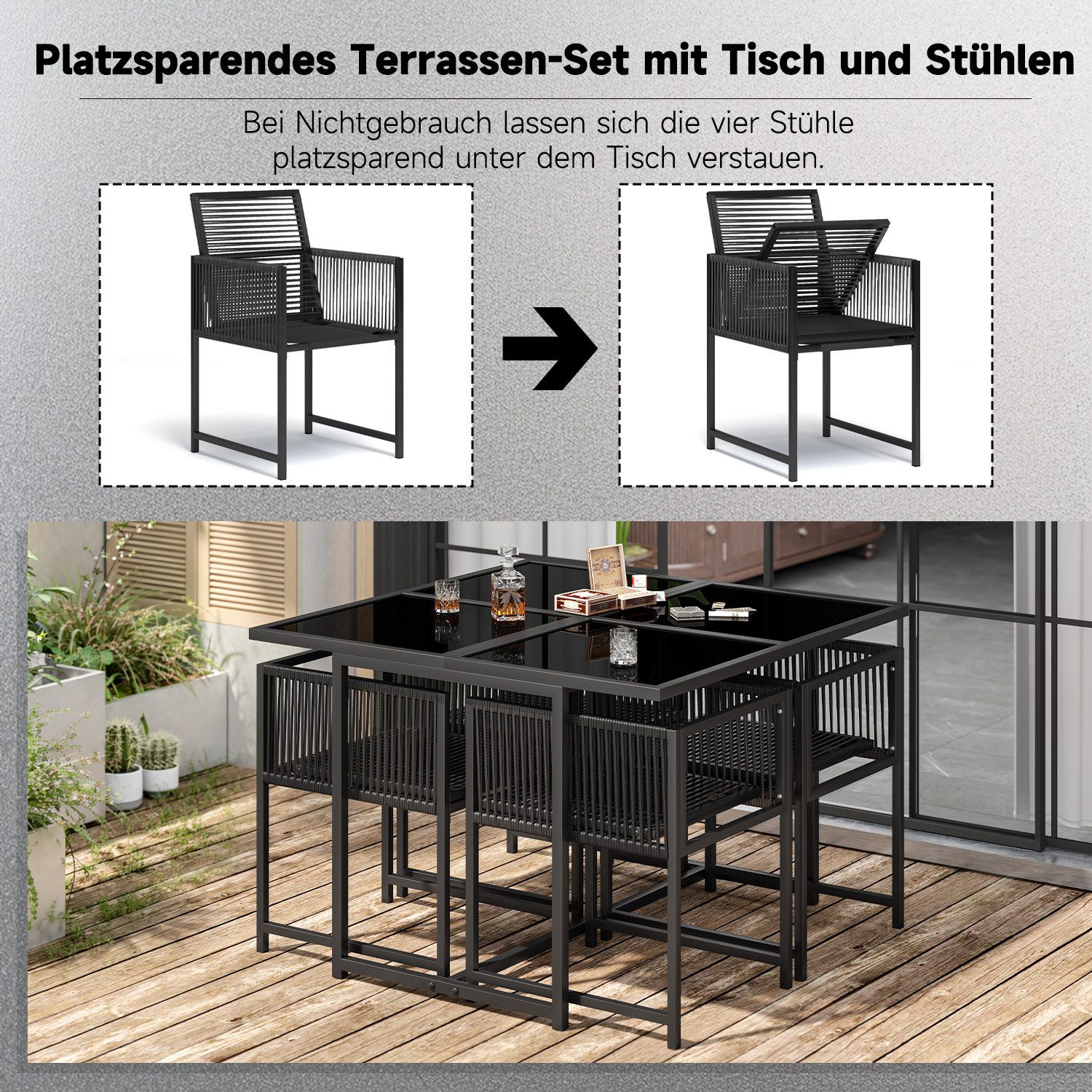 Gywowken Garten-Essgruppe mit Metallrahmen, Gartenmöbel Set (5-tlg., 4 Sessel, 1 Esstisch), (Set, 1 Tisch 4 Stühle), Gartenmöbel Set Seil, klappbar Sitzgruppe, Platzsparend