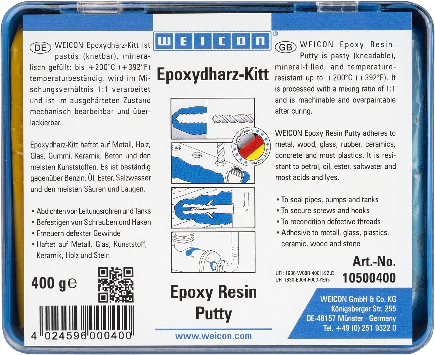WEICON Dichtungskitt Epoxidharz-Kitt, knetbare Universal-Reparaturmasse, grün, epoxydharz-basierte Knetmasse, (Set)