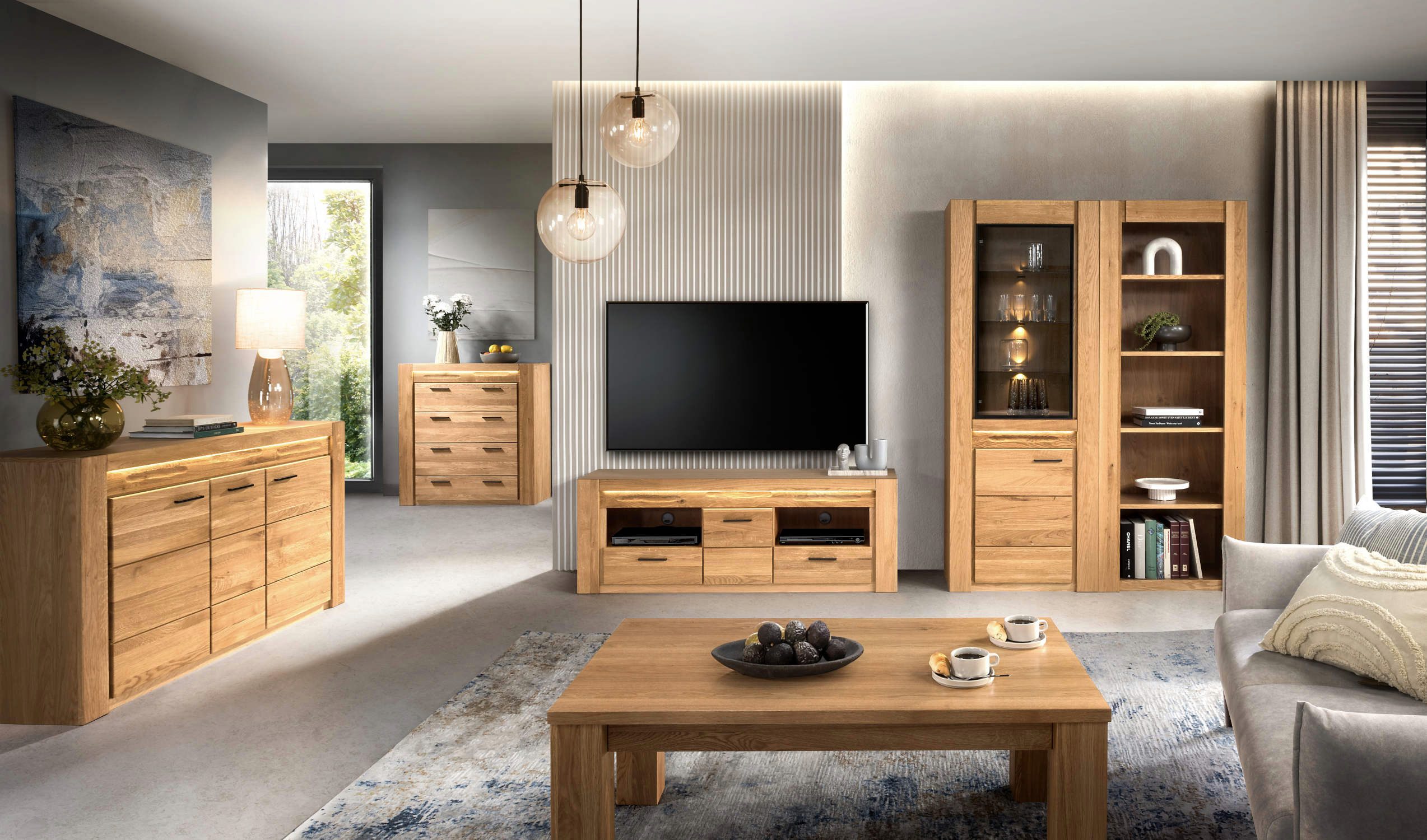 Empinio24 Standvitrine Volo Vitrinenschrank Eiche teil-massiv, 110 cm breit, mit 4 Türen