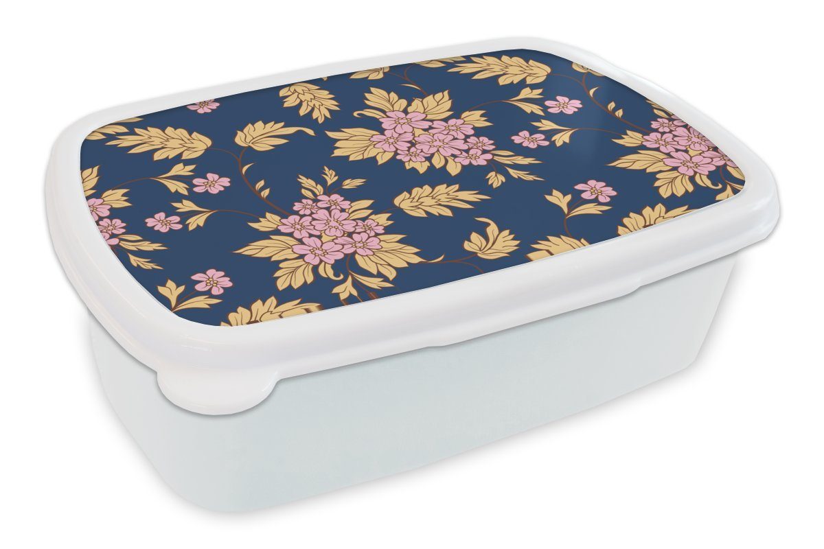 MuchoWow Lunchbox Blüte - Blätter - Rosa - Gold - Muster, Kunststoff, (2-tlg), Brotbox für Kinder und Erwachsene, Brotdose, für Jungs und Mädchen weiß