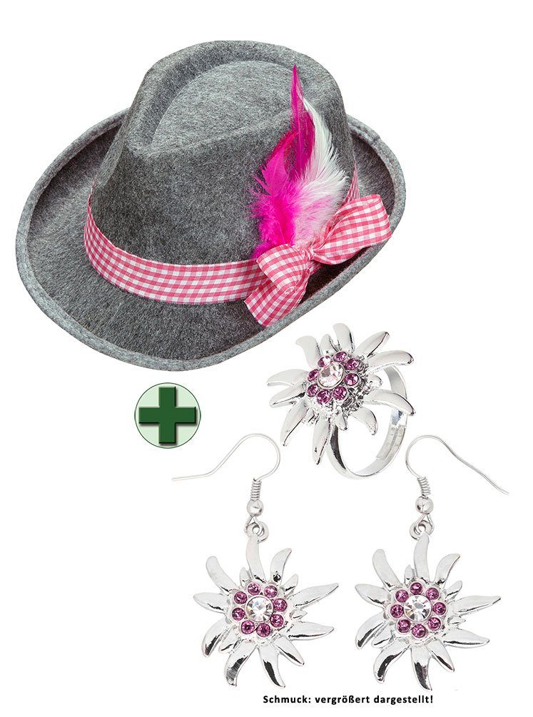 Karneval-Klamotten Kostüm Bayernhut Damen rosa grau und Set Oktoberfest, Accessoires für Oktoberfest